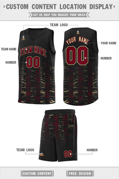 Custom Black Crimson Personalized Scratches Pattern Sports Uniform Basketball Jersey