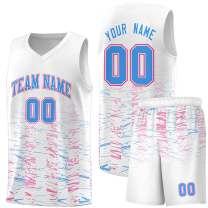 Custom White Powder Blue Personalized Scratches Pattern Sports Uniform Basketball Jersey