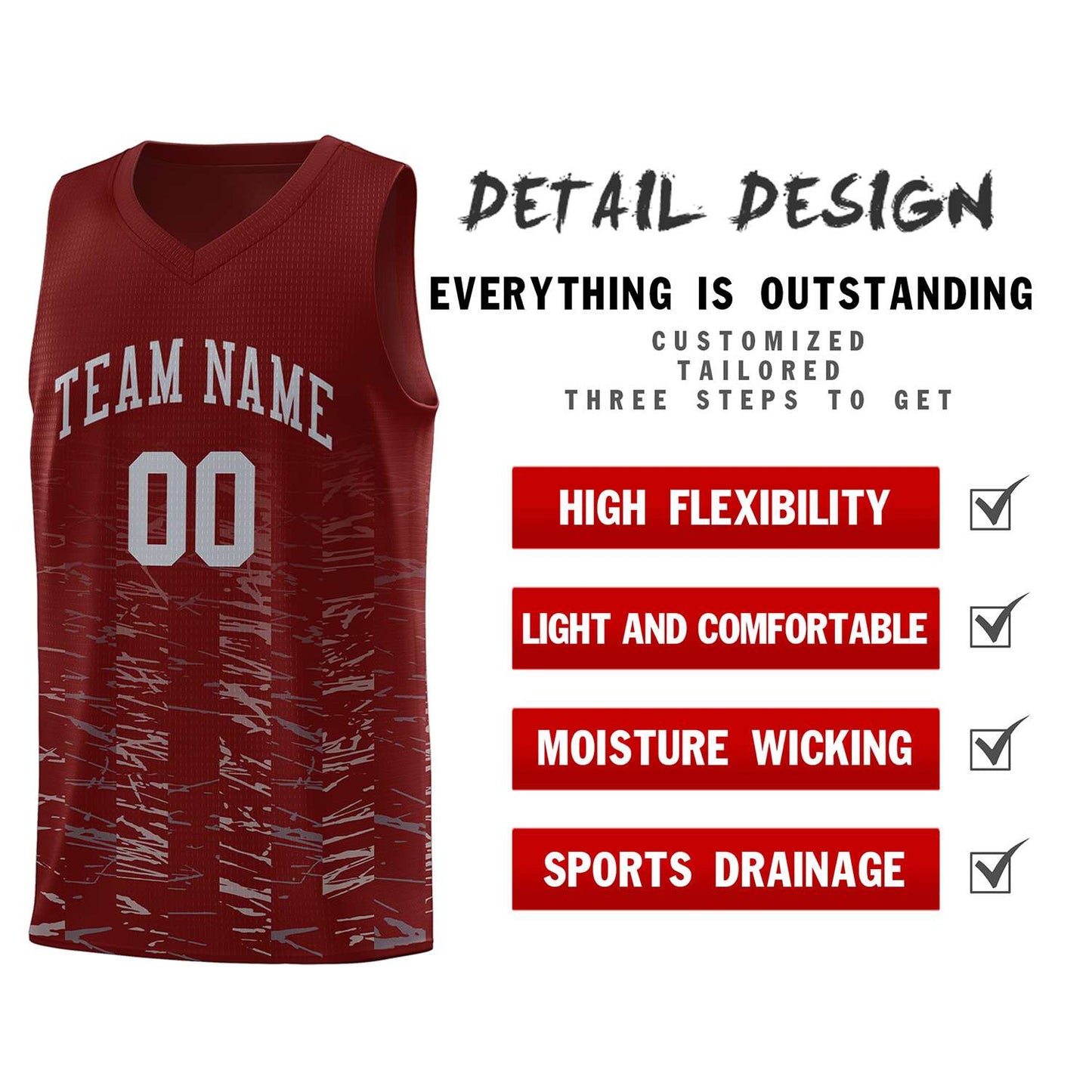 Custom Crimson Gray Personalized Scratches Pattern Sports Uniform Basketball Jersey