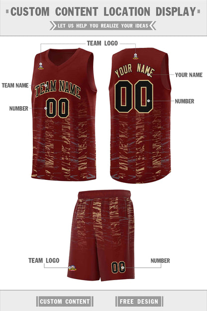 Custom Crimson Black Personalized Scratches Pattern Sports Uniform Basketball Jersey