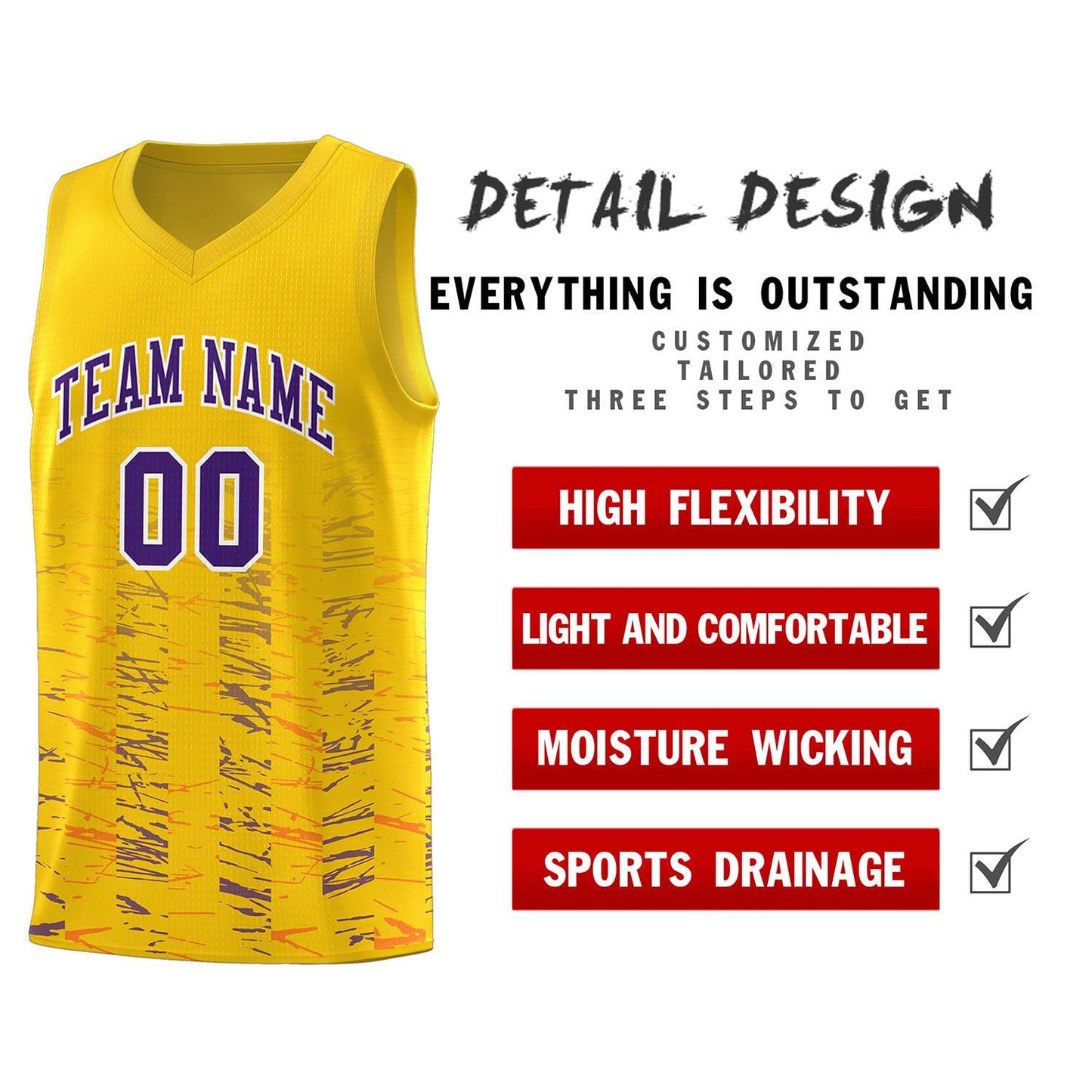 Custom Yellow Purple Personalized Scratches Pattern Sports Uniform Basketball Jersey