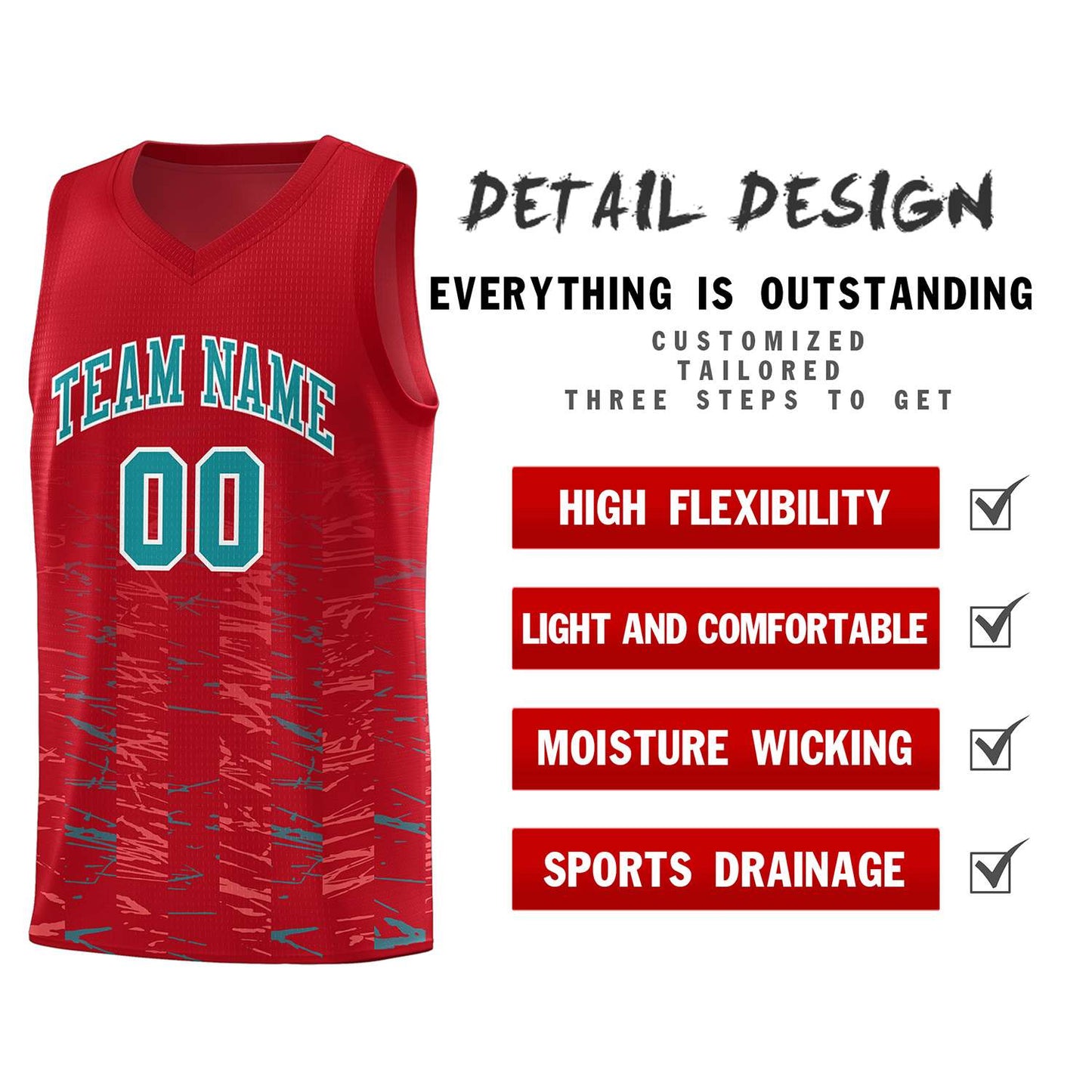 Custom Red Aqua Personalized Scratches Pattern Sports Uniform Basketball Jersey