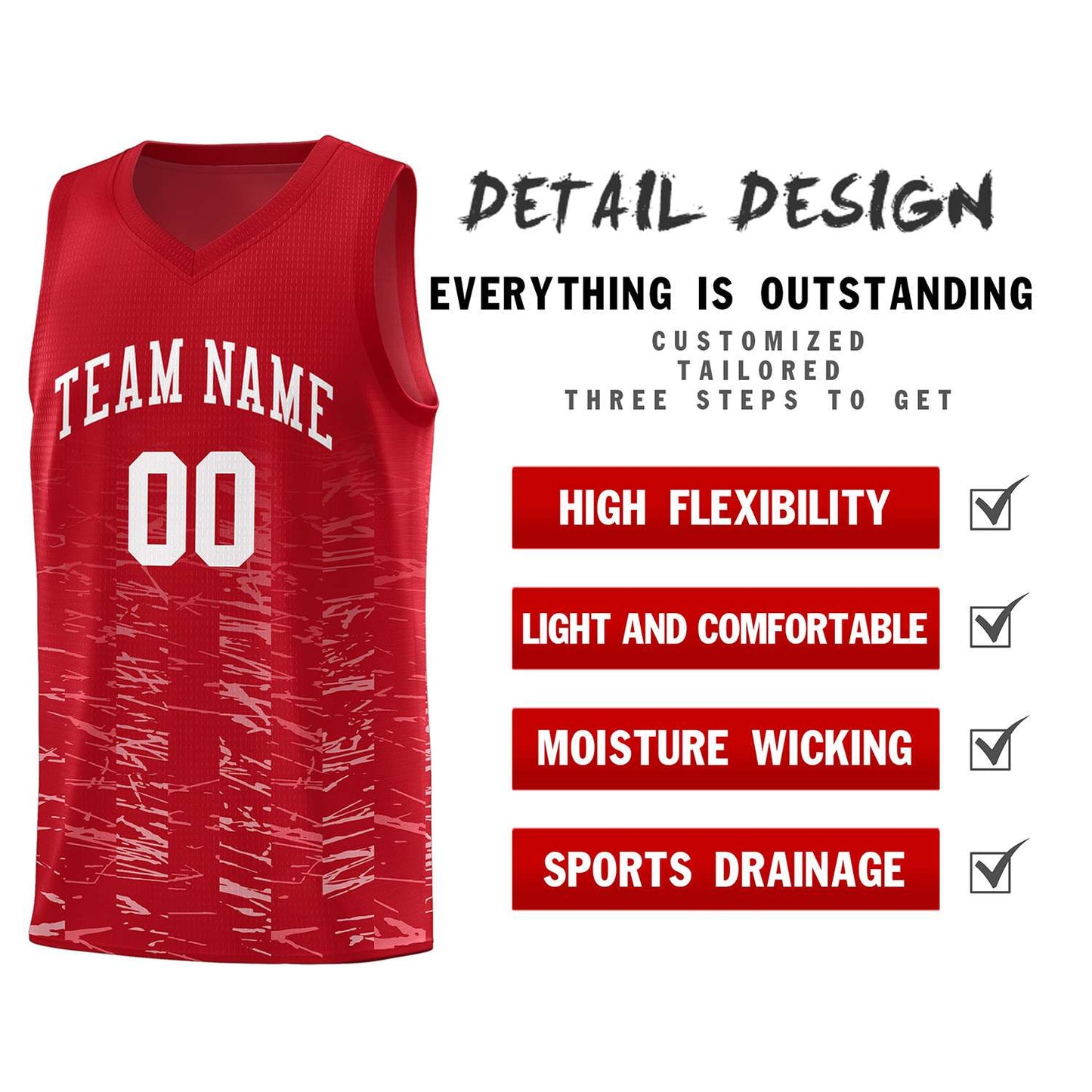 Custom Red White Personalized Scratches Pattern Sports Uniform Basketball Jersey