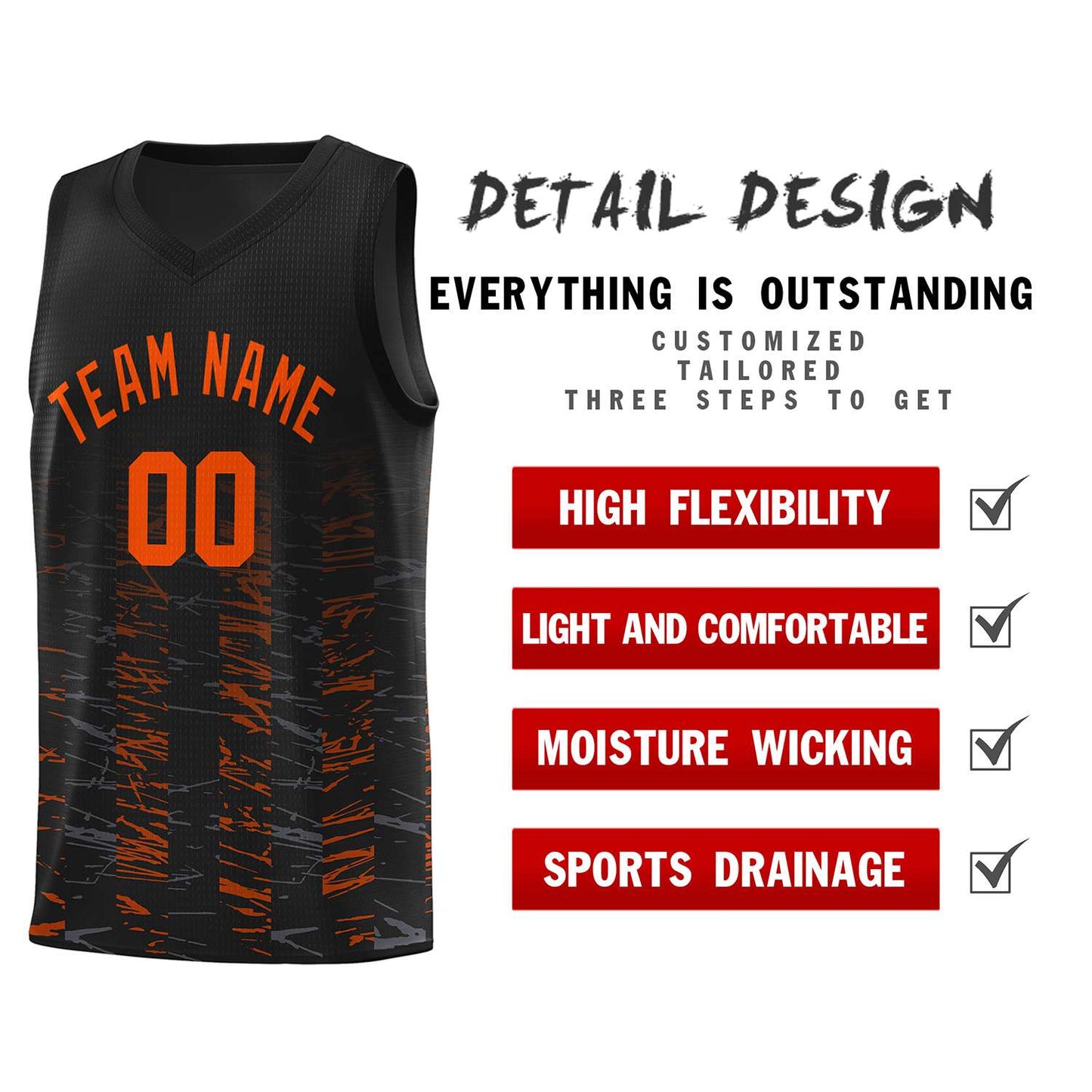 Custom Black Orange Personalized Scratches Pattern Sports Uniform Basketball Jersey