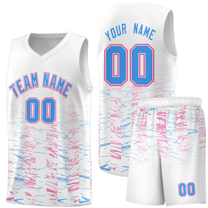 Custom White Powder Blue Personalized Scratches Pattern Sports Uniform Basketball Jersey