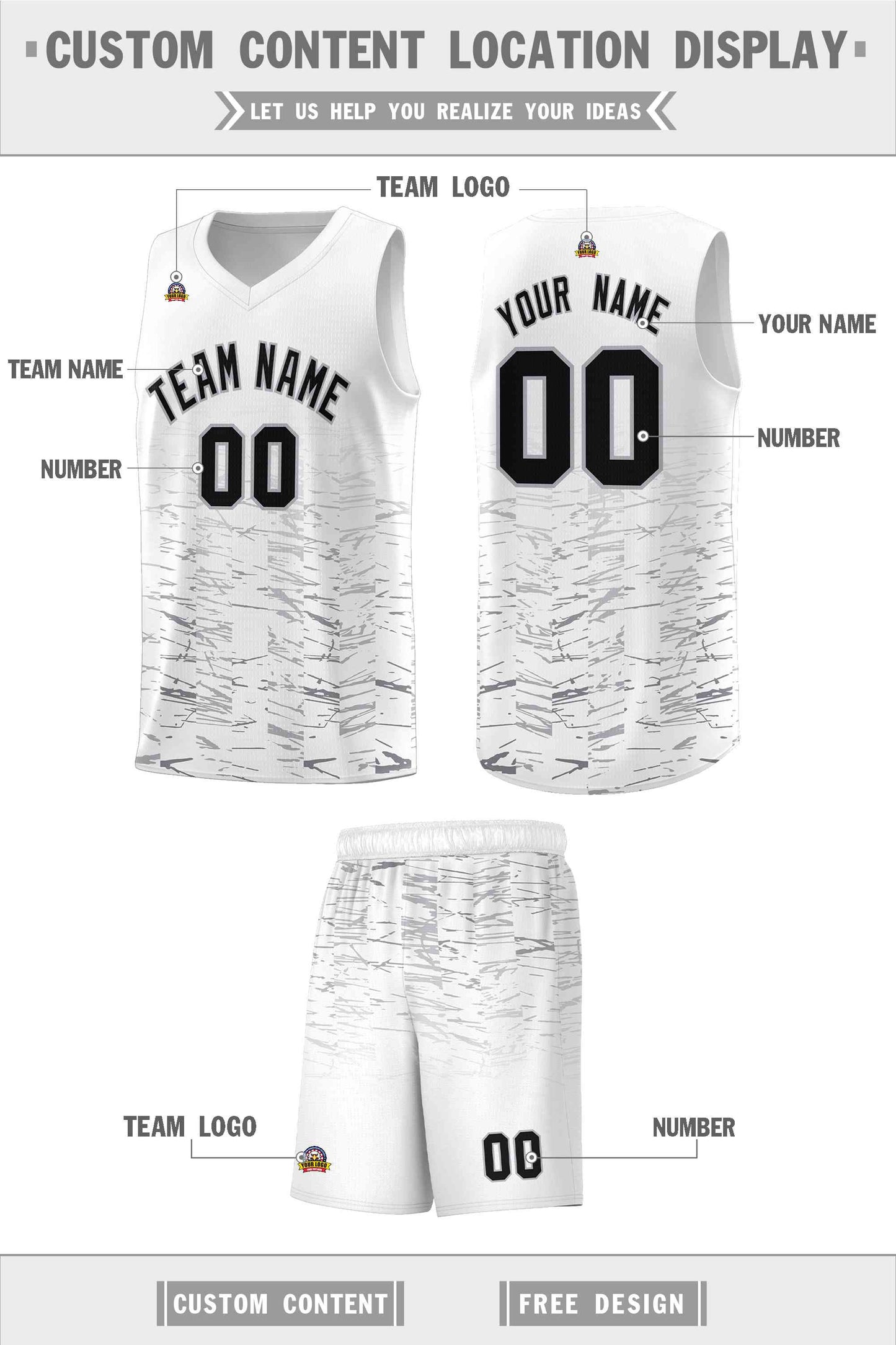 Custom White Black Personalized Scratches Pattern Sports Uniform Basketball Jersey