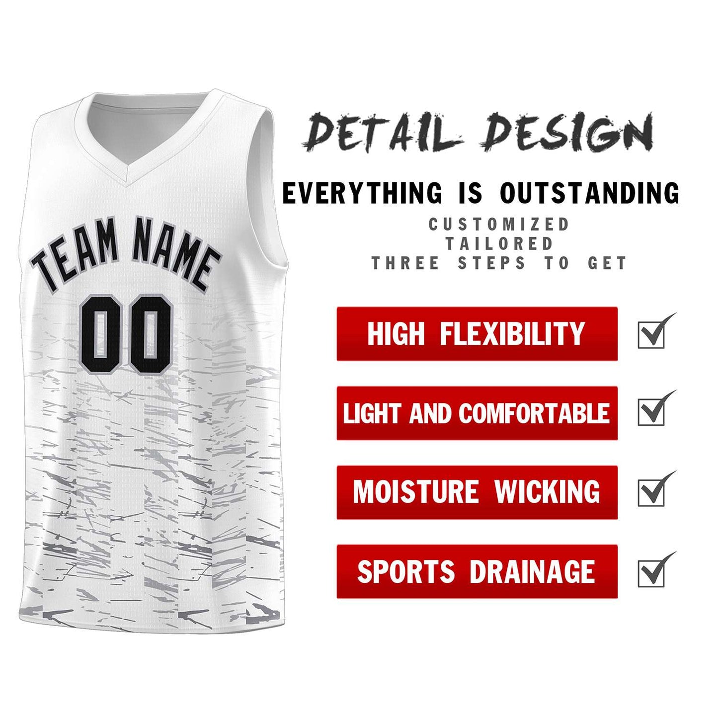 Custom White Black Personalized Scratches Pattern Sports Uniform Basketball Jersey