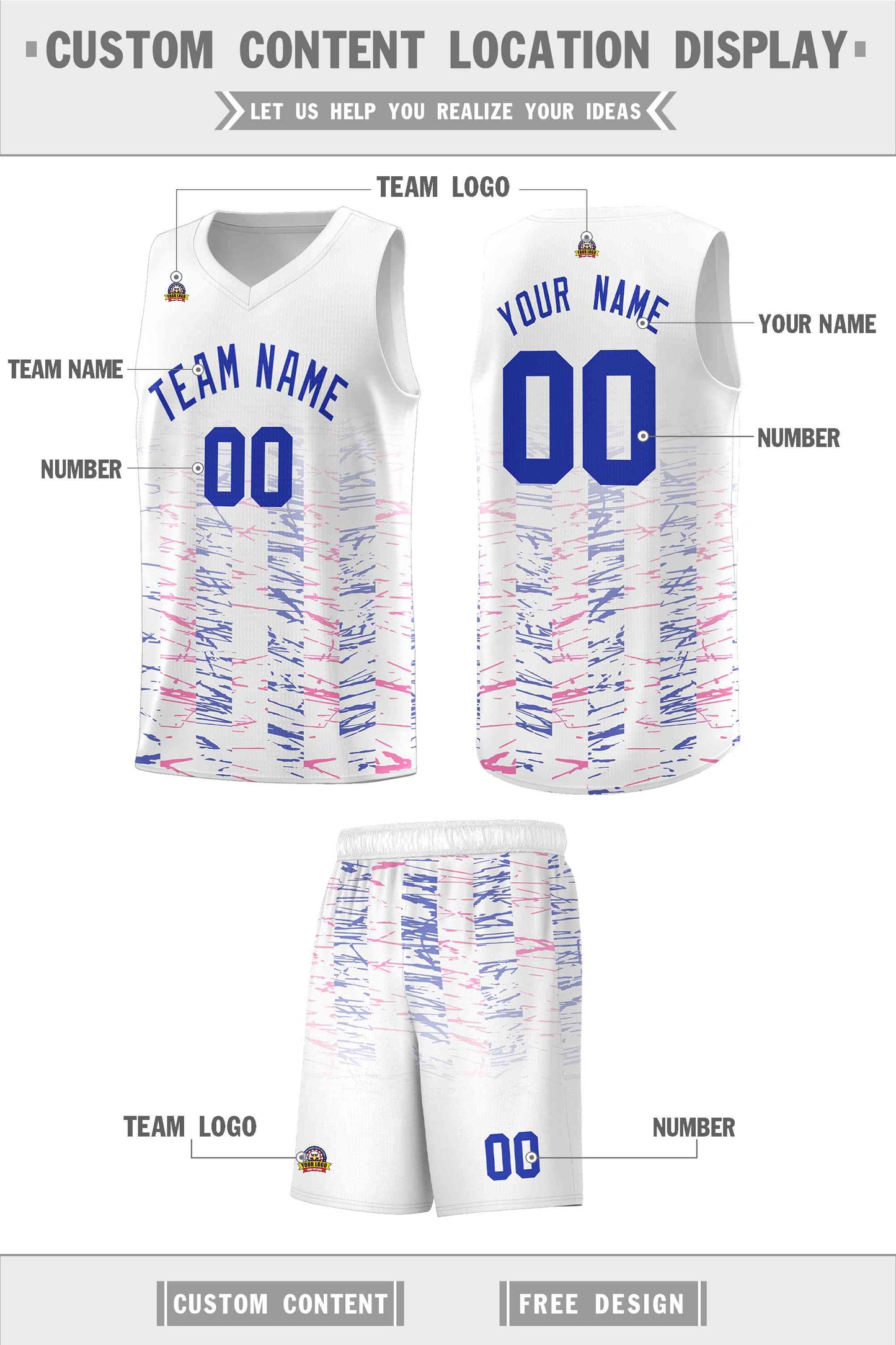 Custom White Royal Personalized Scratches Pattern Sports Uniform Basketball Jersey