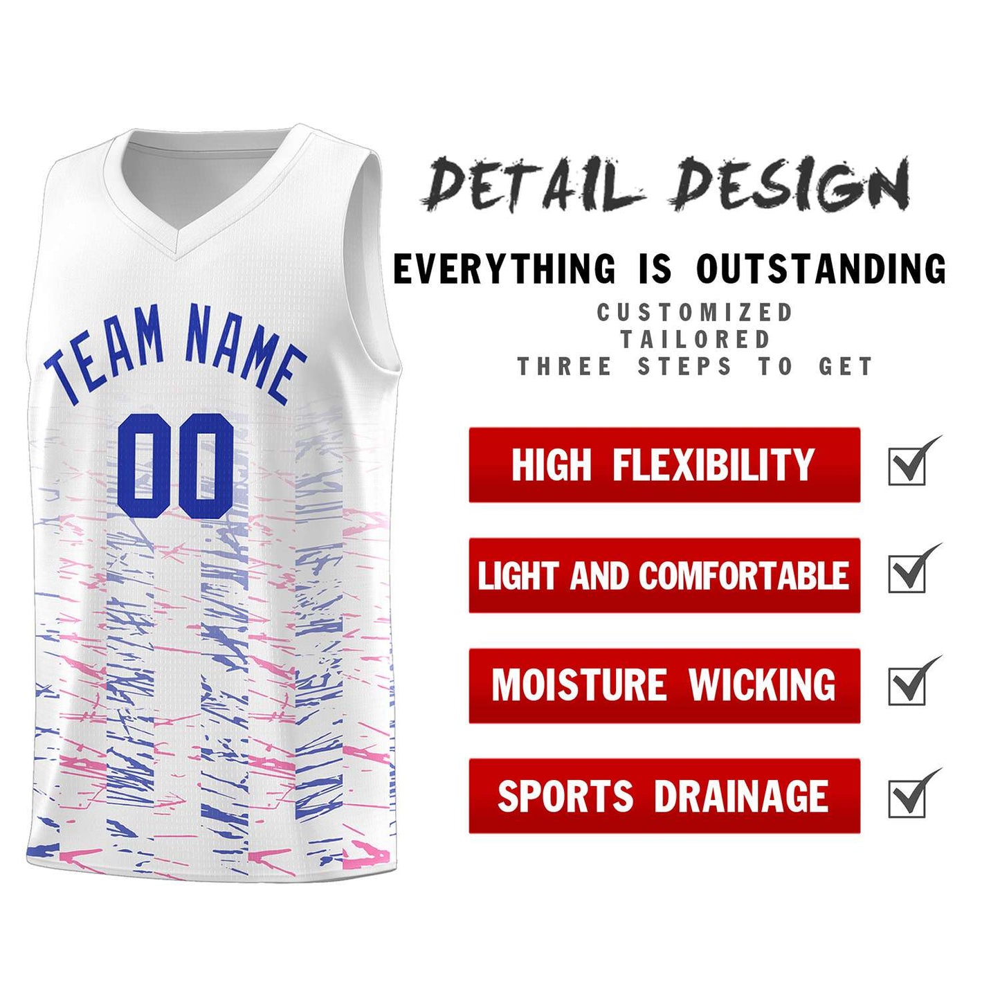 Custom White Royal Personalized Scratches Pattern Sports Uniform Basketball Jersey