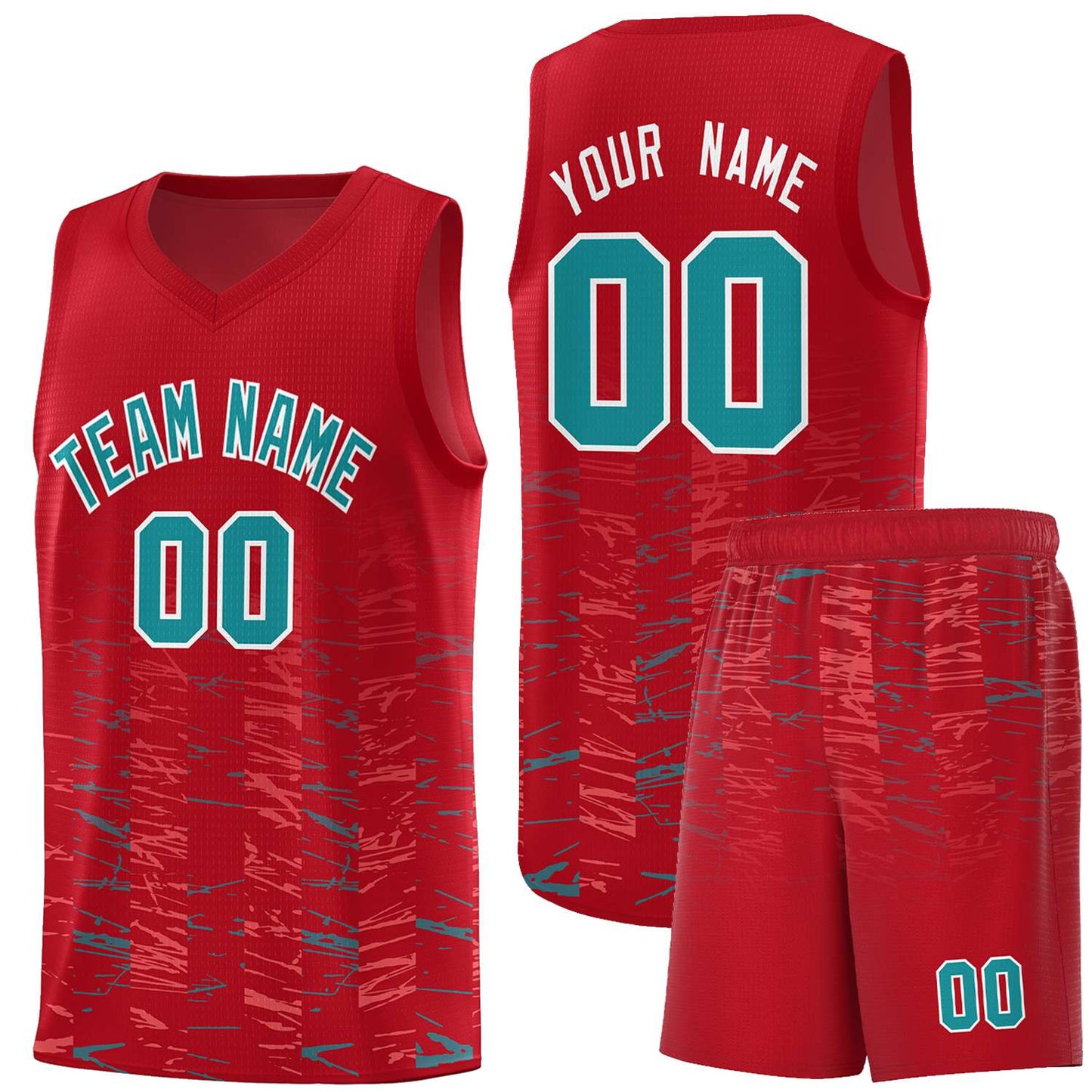 Custom Red Aqua Personalized Scratches Pattern Sports Uniform Basketball Jersey