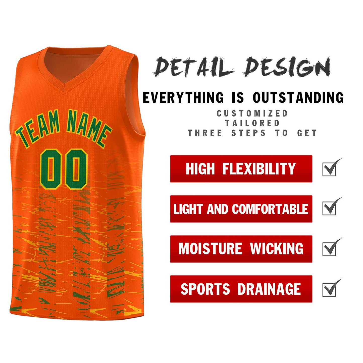 Custom Orange Kelly Green Personalized Scratches Pattern Sports Uniform Basketball Jersey