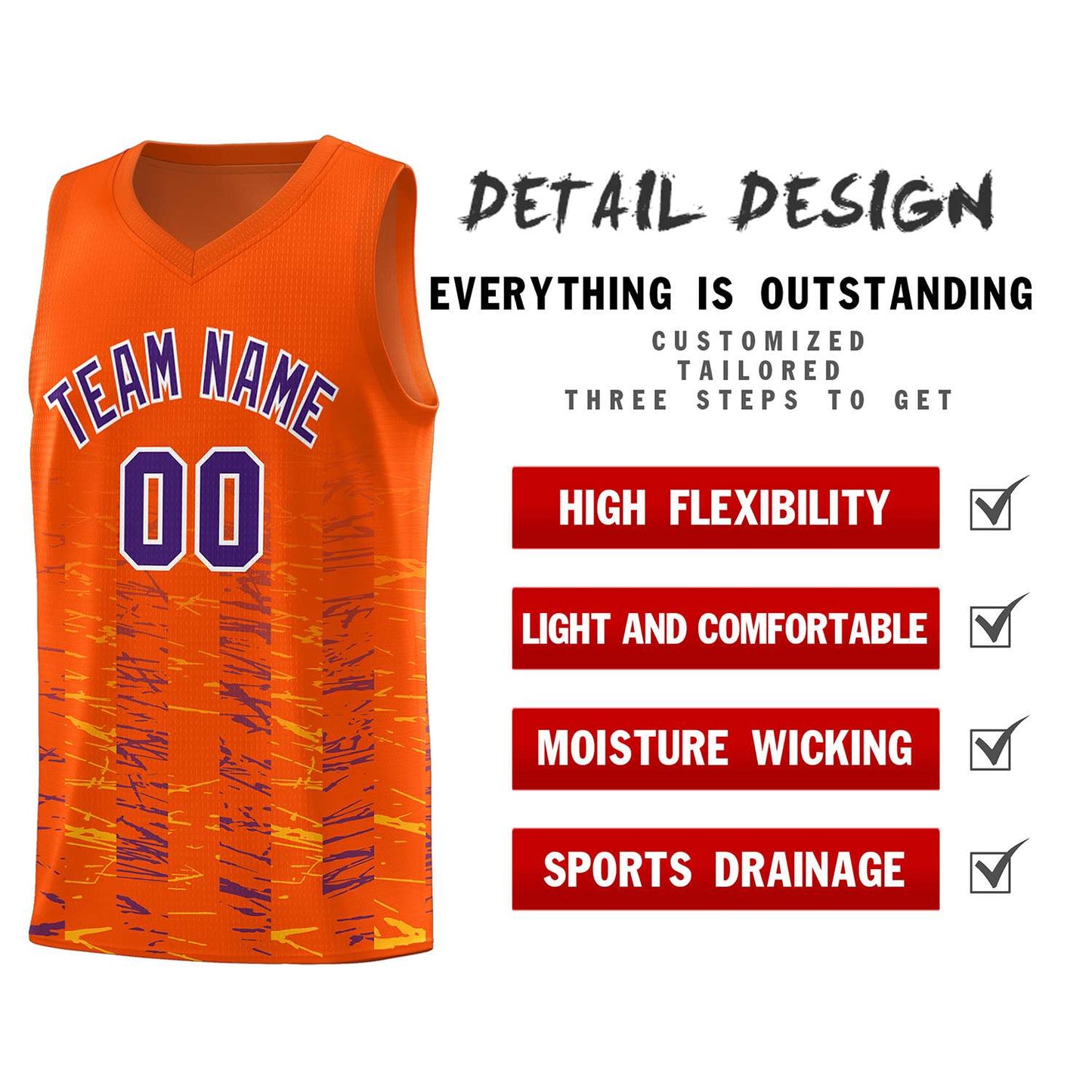 Custom Orange Purple Personalized Scratches Pattern Sports Uniform Basketball Jersey