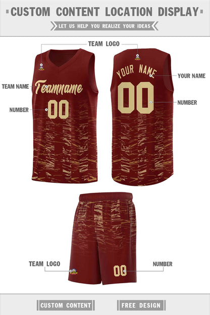 Custom Crimson Khaki Personalized Scratches Pattern Sports Uniform Basketball Jersey