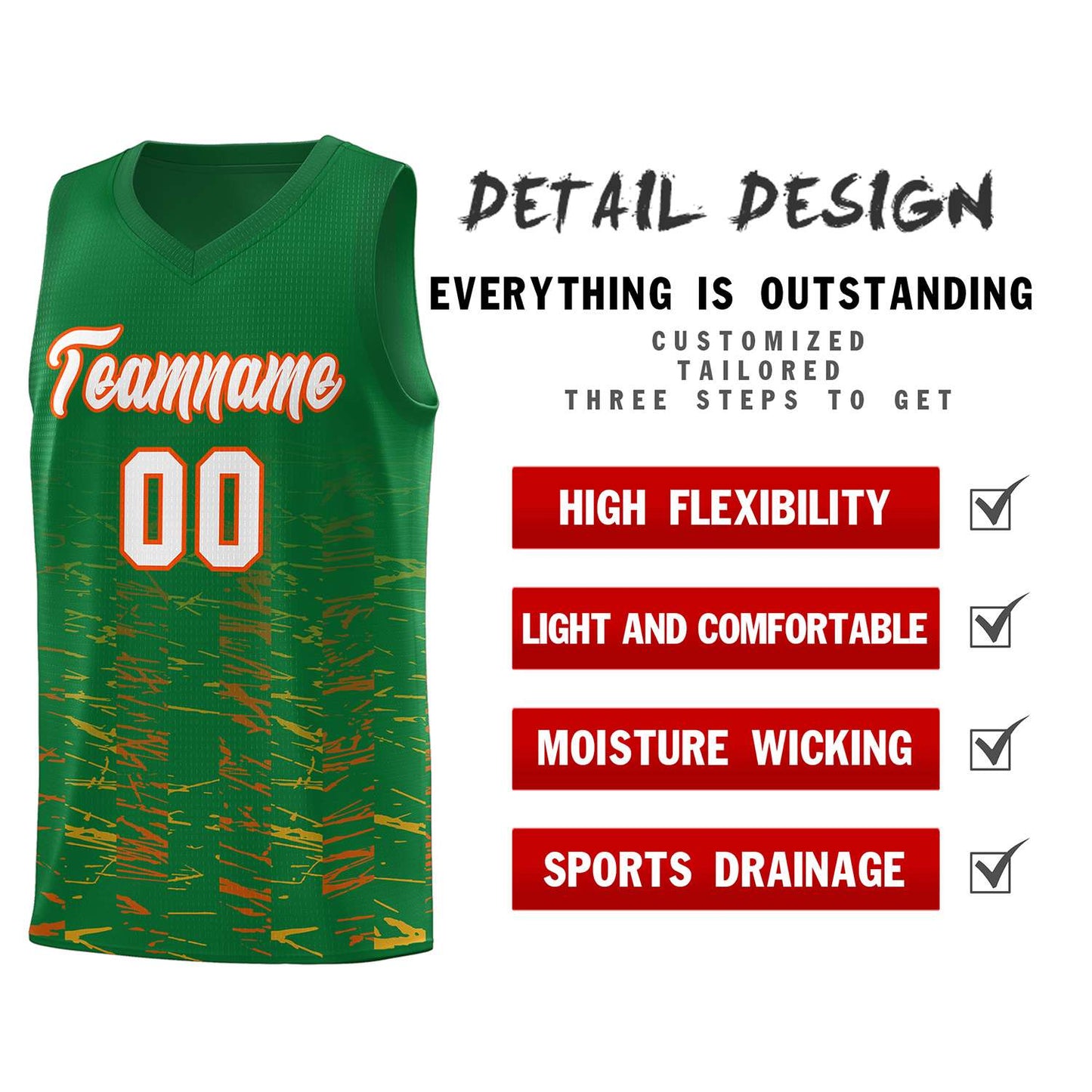 Custom Kelly Green White Personalized Scratches Pattern Sports Uniform Basketball Jersey