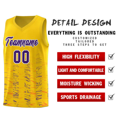 Custom Yellow Purple Personalized Scratches Pattern Sports Uniform Basketball Jersey