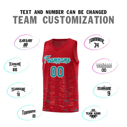 Custom Red Aqua Personalized Scratches Pattern Sports Uniform Basketball Jersey