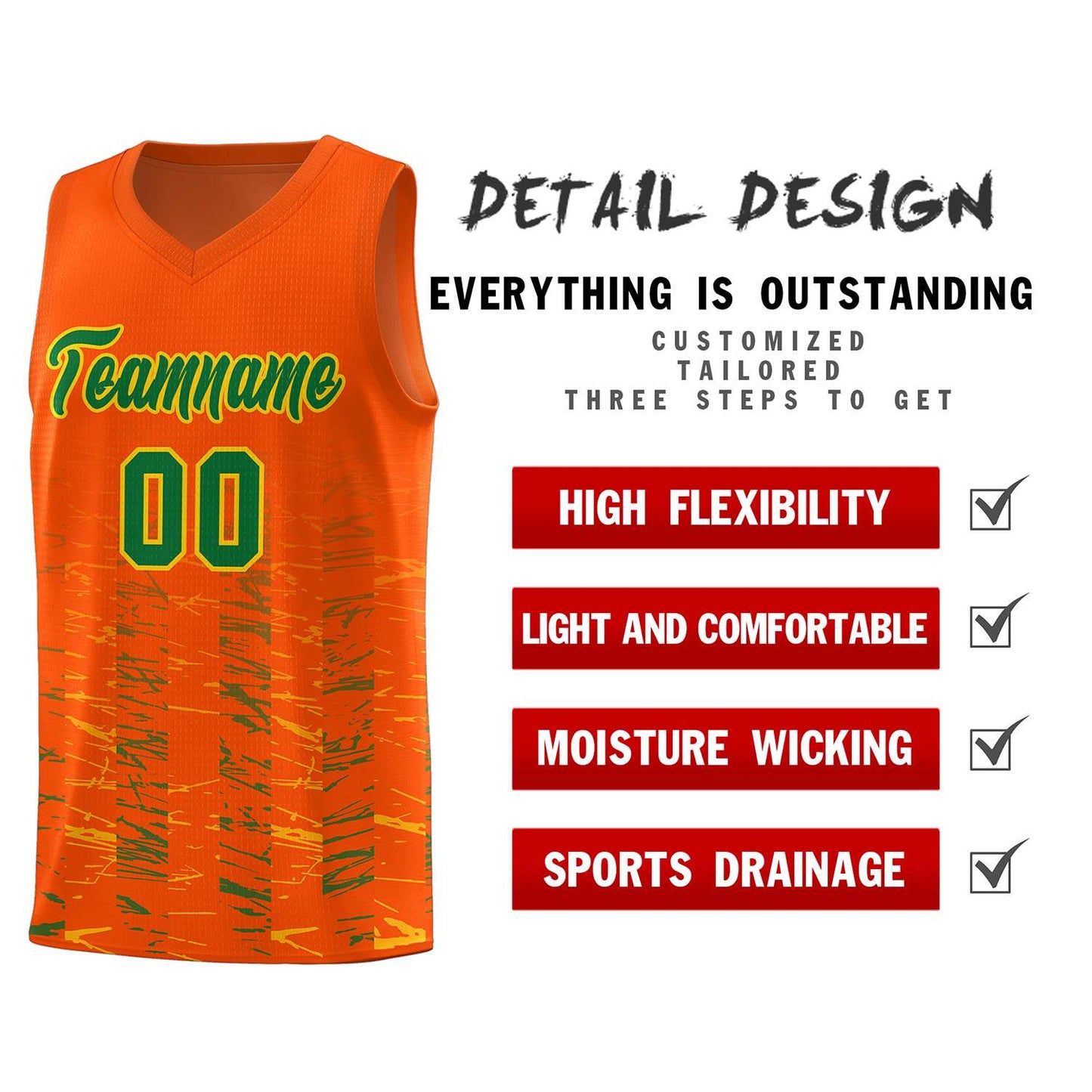 Custom Orange Kelly Green Personalized Scratches Pattern Sports Uniform Basketball Jersey