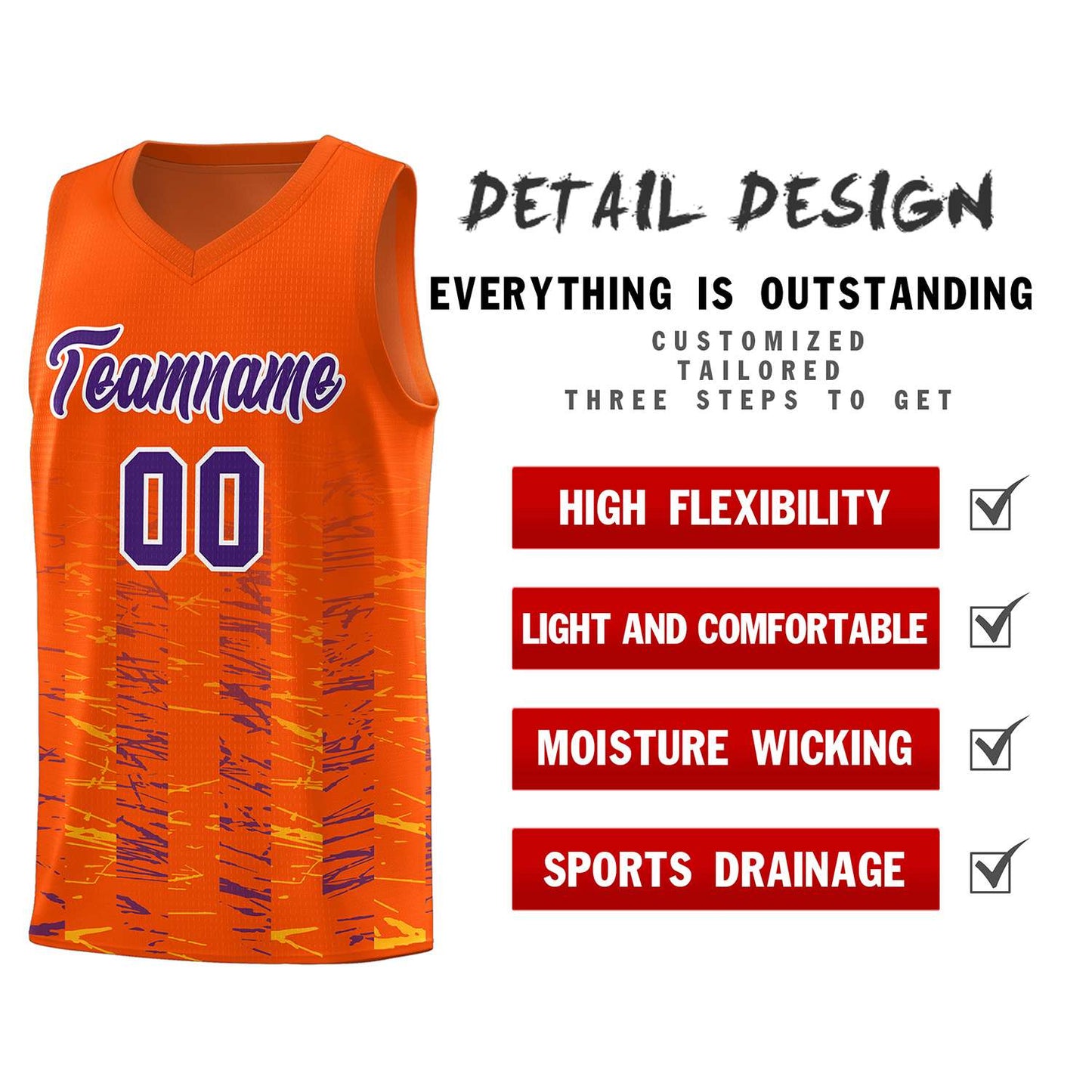 Custom Orange Purple Personalized Scratches Pattern Sports Uniform Basketball Jersey