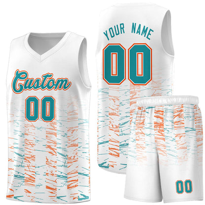 Custom White Aqua Personalized Scratches Pattern Sports Uniform Basketball Jersey