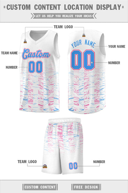 Custom White Powder Blue Personalized Scratches Pattern Sports Uniform Basketball Jersey