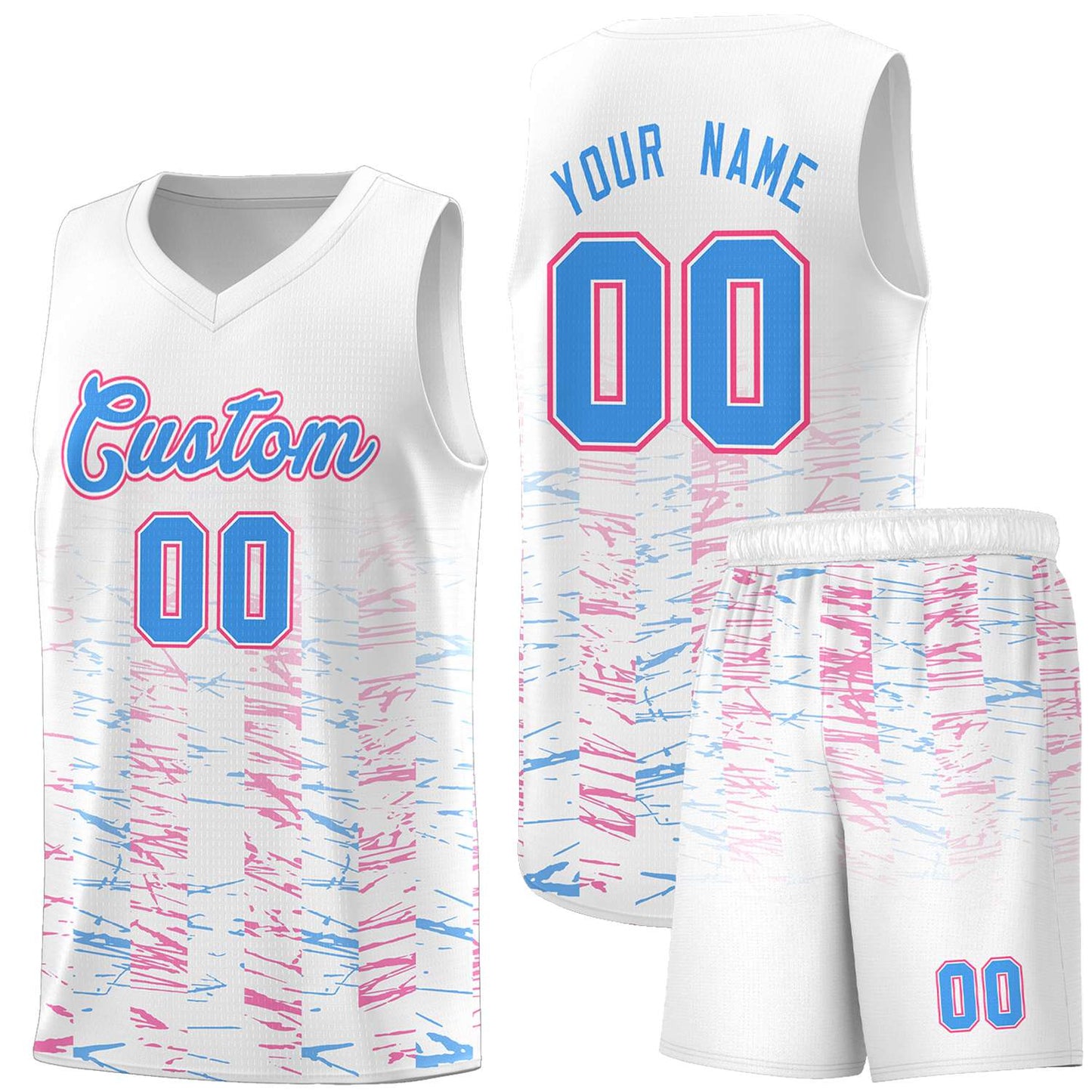 Custom White Powder Blue Personalized Scratches Pattern Sports Uniform Basketball Jersey