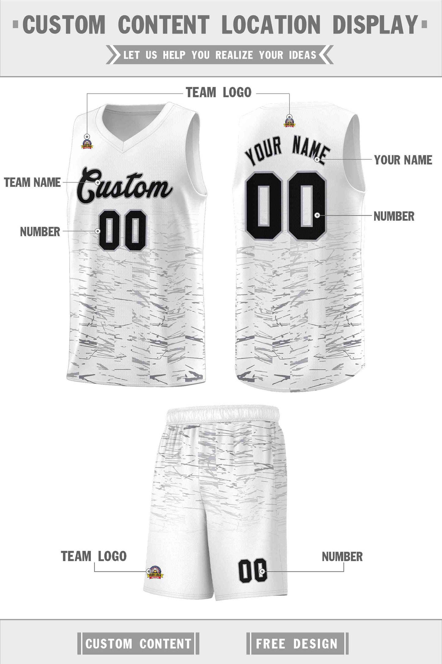 Custom White Black Personalized Scratches Pattern Sports Uniform Basketball Jersey