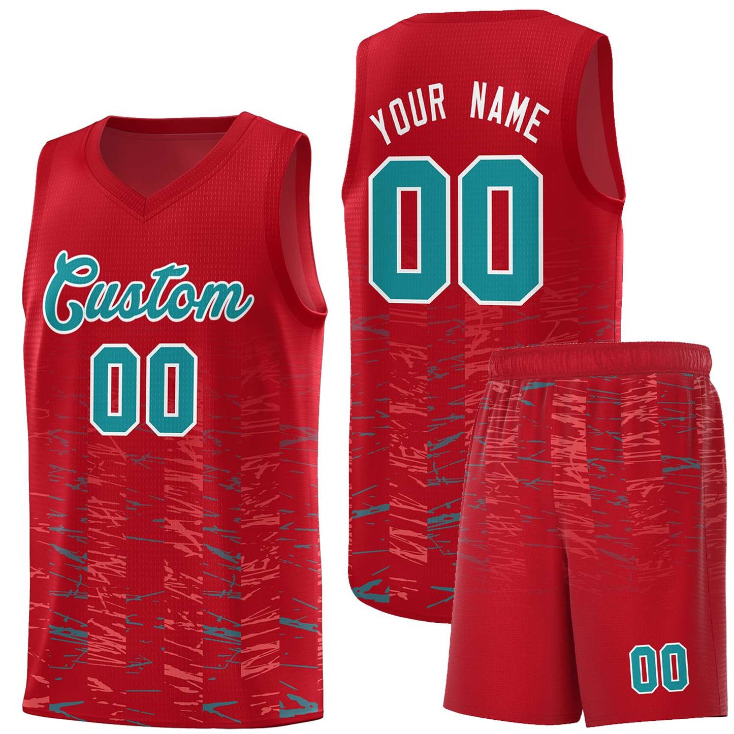 Custom Red Aqua Personalized Scratches Pattern Sports Uniform Basketball Jersey