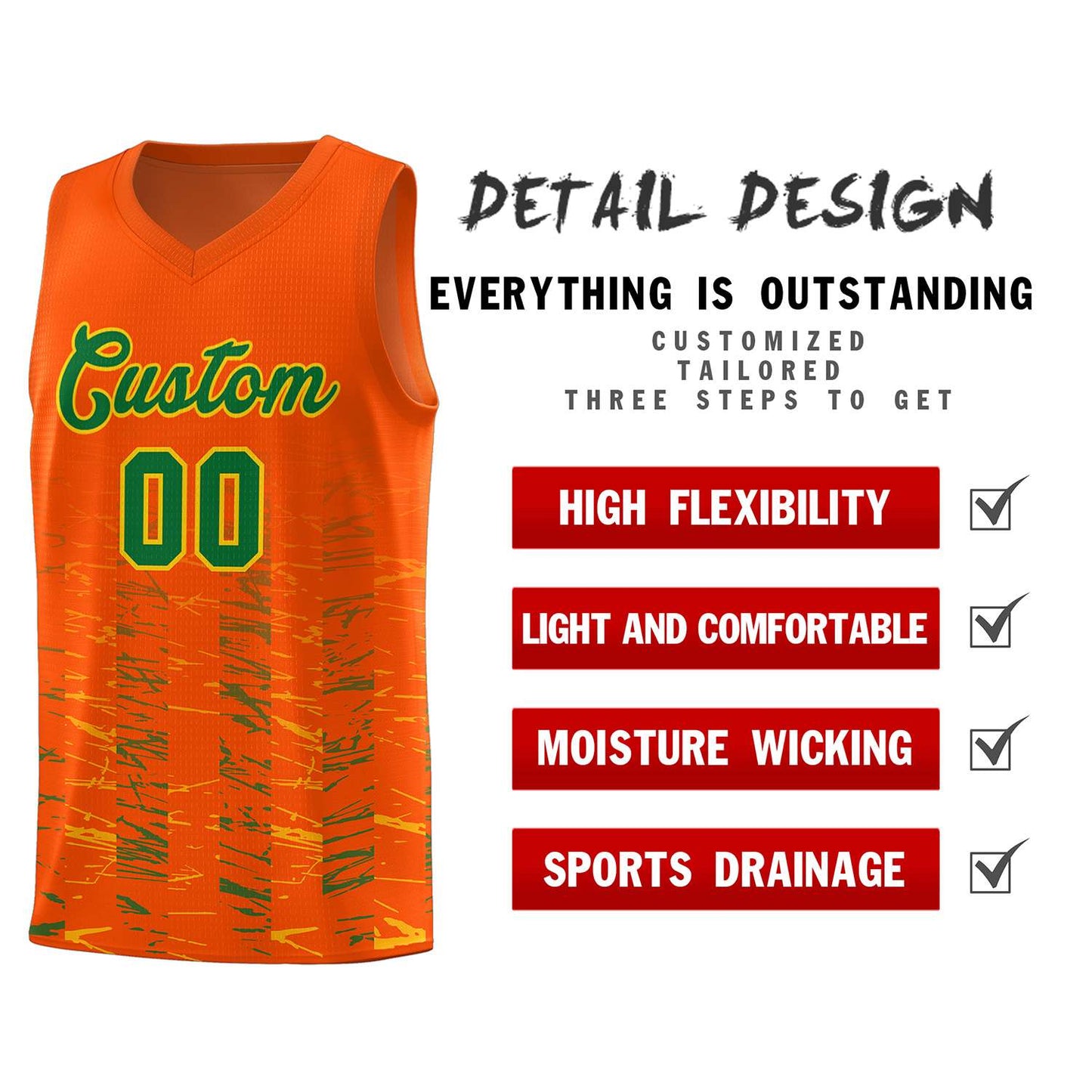 Custom Orange Kelly Green Personalized Scratches Pattern Sports Uniform Basketball Jersey