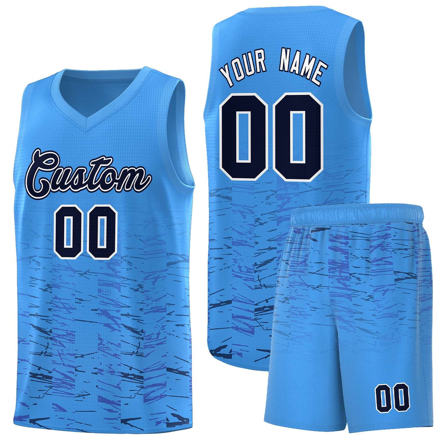 Custom Powder Blue Navy Personalized Scratches Pattern Sports Uniform Basketball Jersey