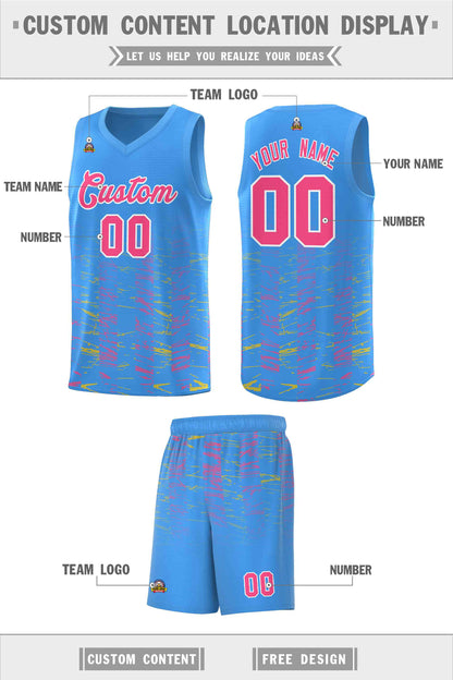 Custom Powder Blue Pink Personalized Scratches Pattern Sports Uniform Basketball Jersey