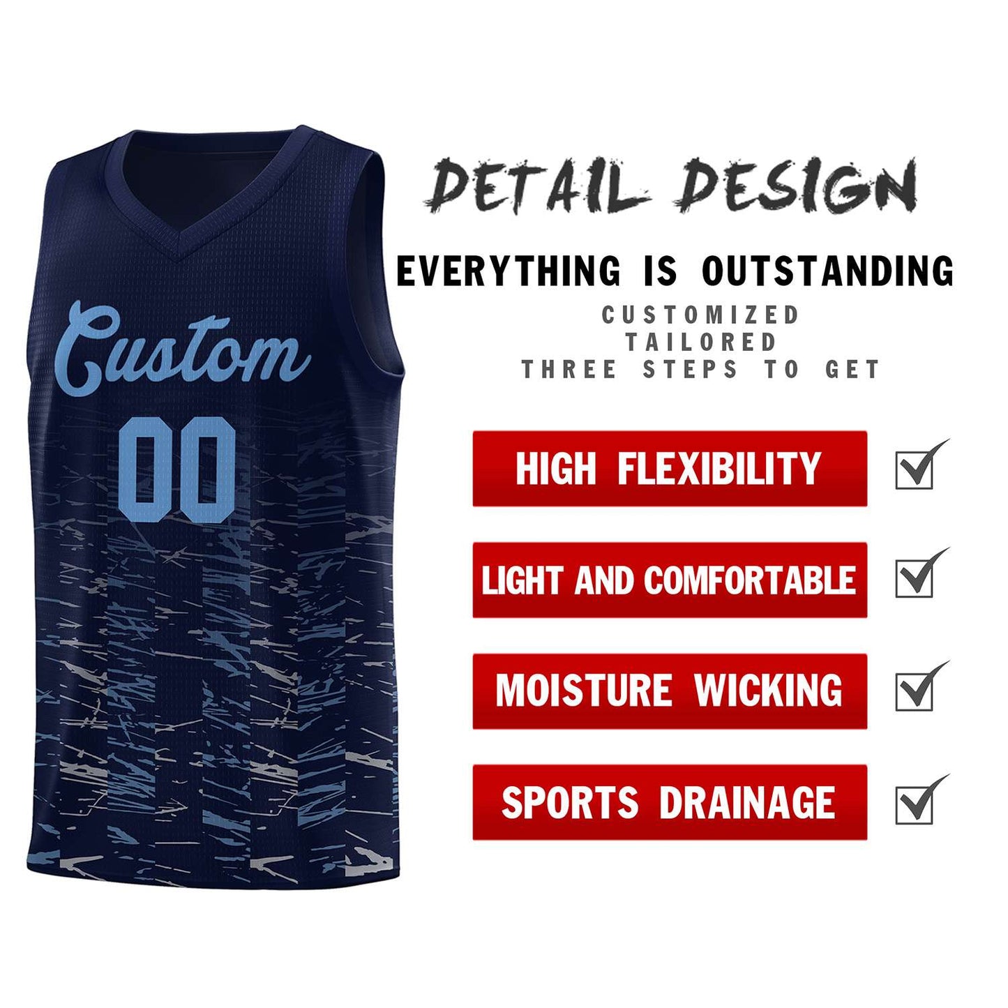 Custom Navy Light Blue Personalized Scratches Pattern Sports Uniform Basketball Jersey