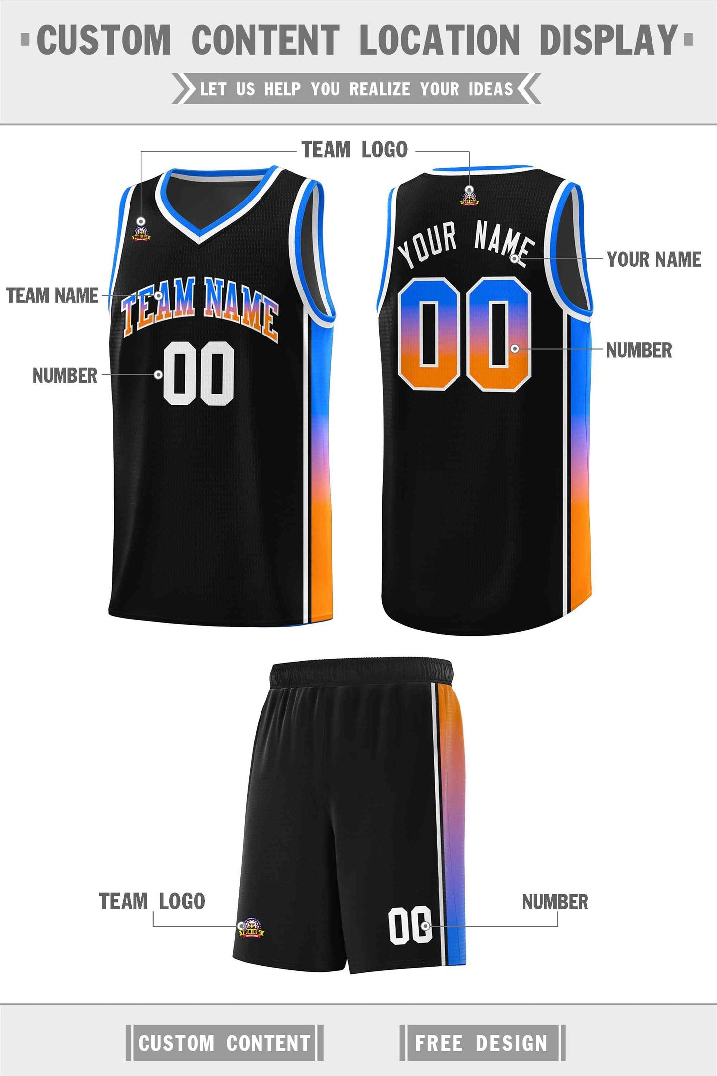 Custom Black Orange-Royal Gradient Fashion Sports Uniform Basketball Jersey