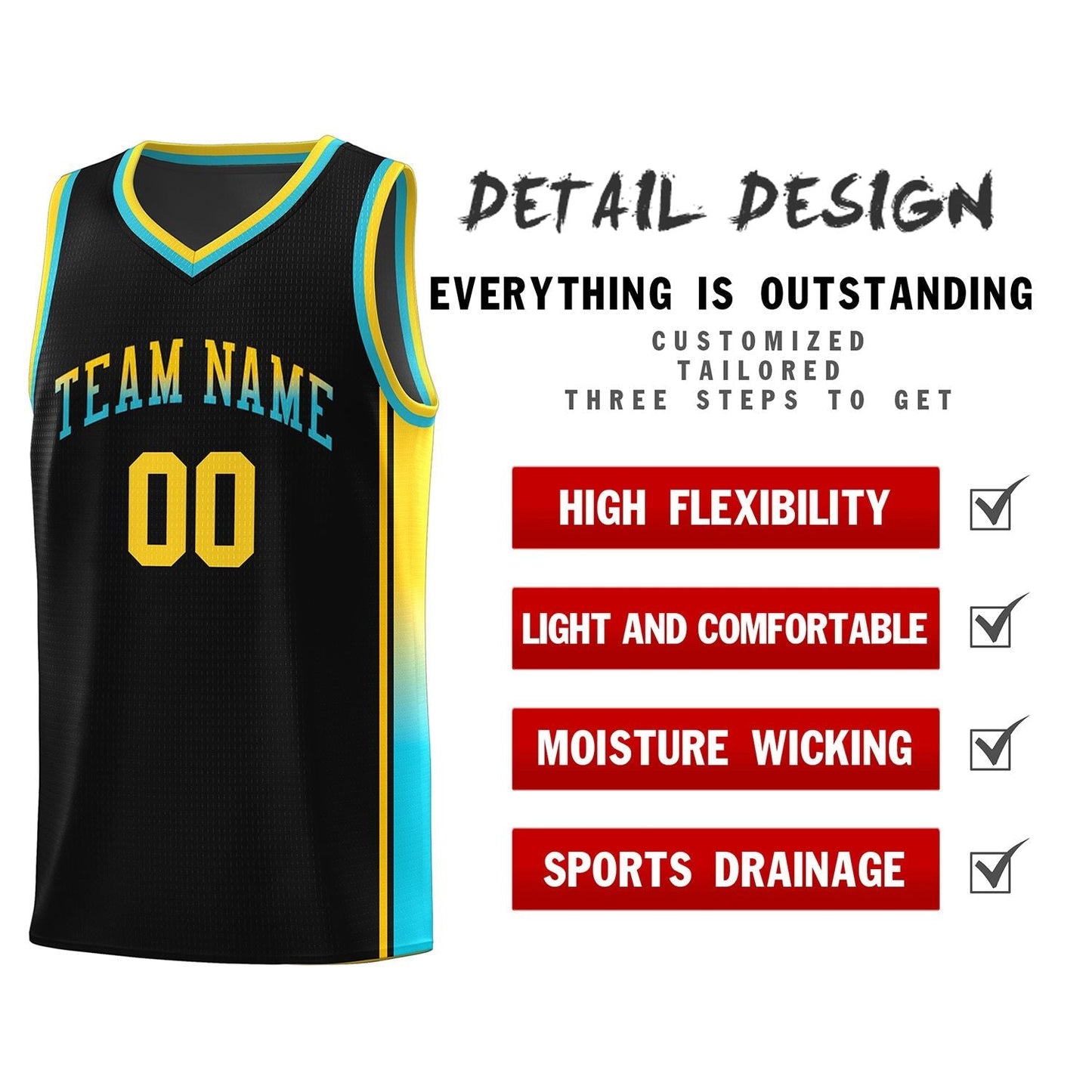 Custom Black Gold-Light Blue Gradient Fashion Sports Uniform Basketball Jersey