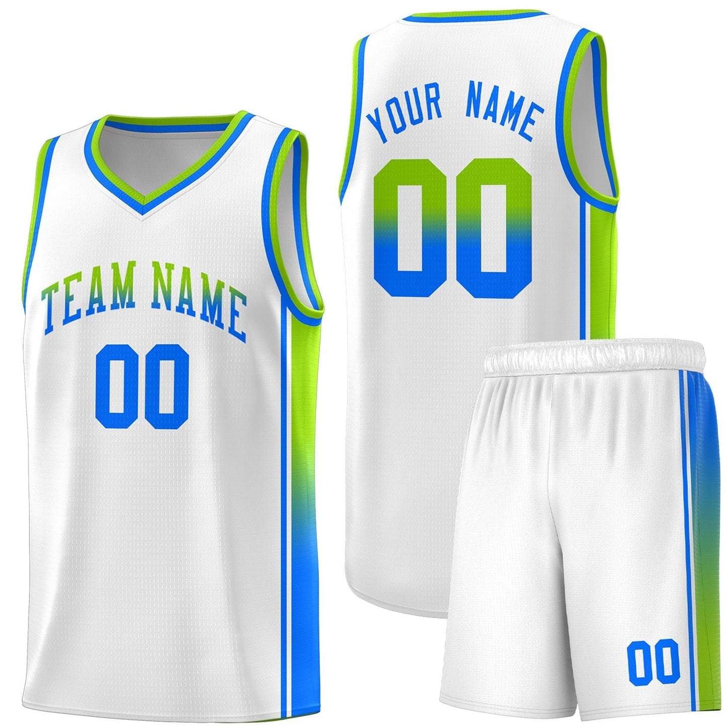 Custom White Neon Green-Light Blue Gradient Fashion Sports Uniform Basketball Jersey