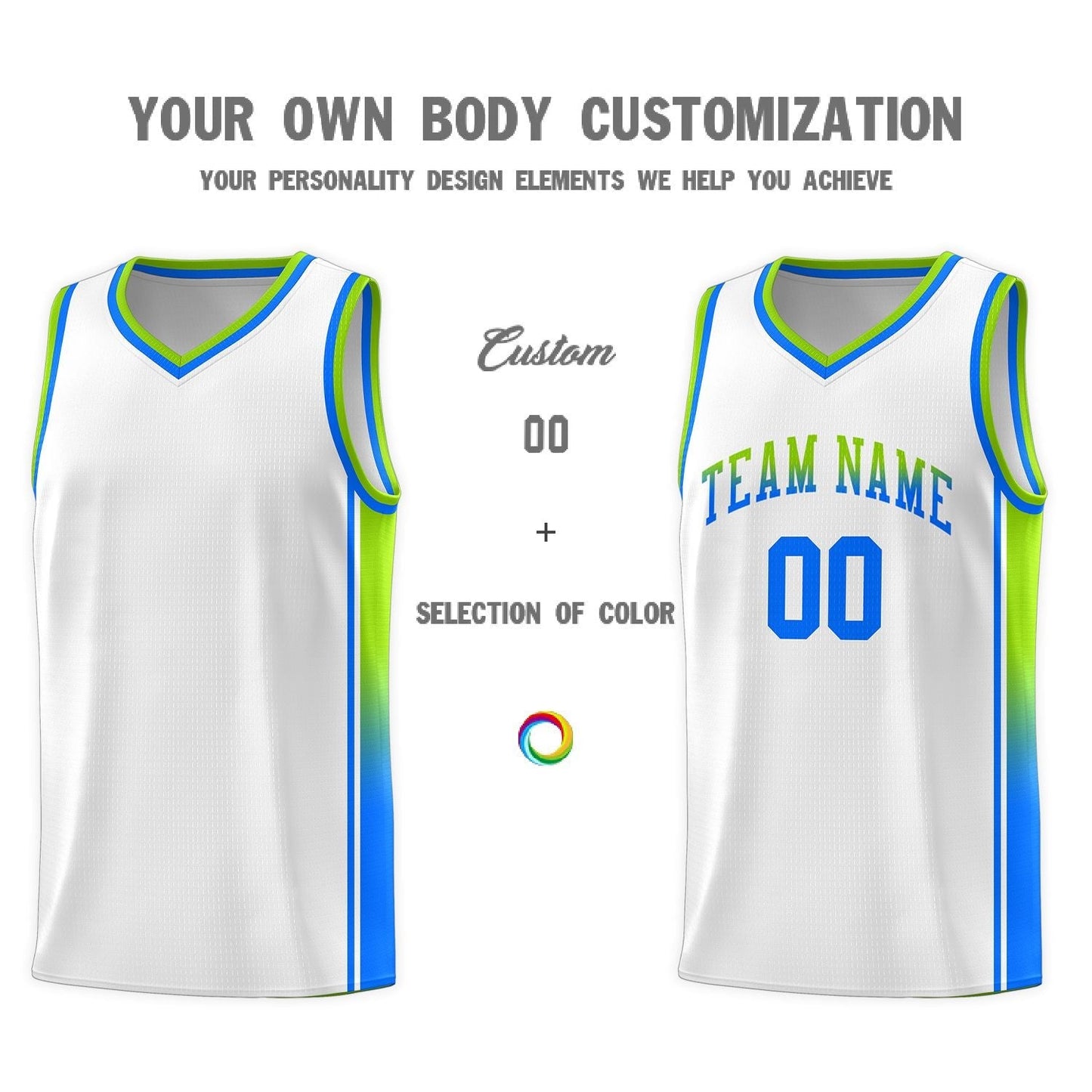 Custom White Neon Green-Light Blue Gradient Fashion Sports Uniform Basketball Jersey