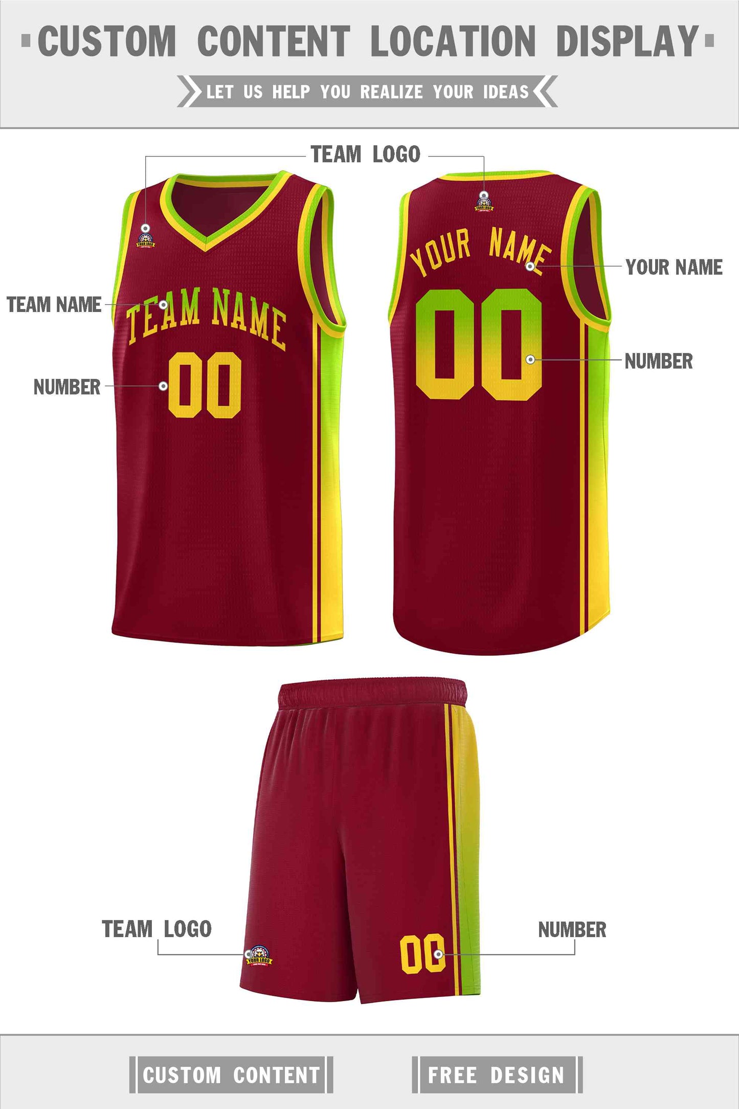 Custom Crimson Neon Green-Gold Gradient Fashion Sports Uniform Basketball Jersey