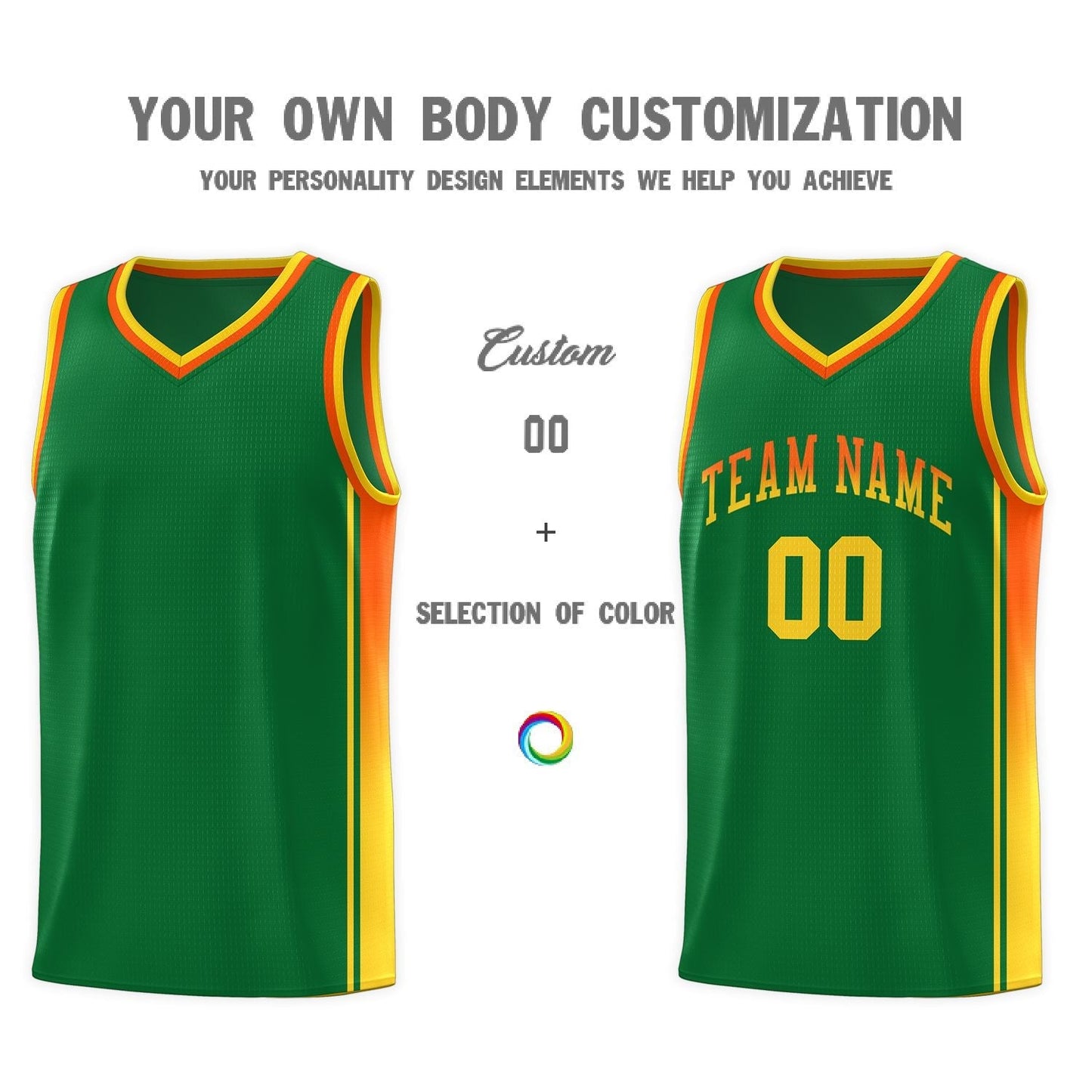 Custom Kelly Green Orange-Gold Gradient Fashion Sports Uniform Basketball Jersey