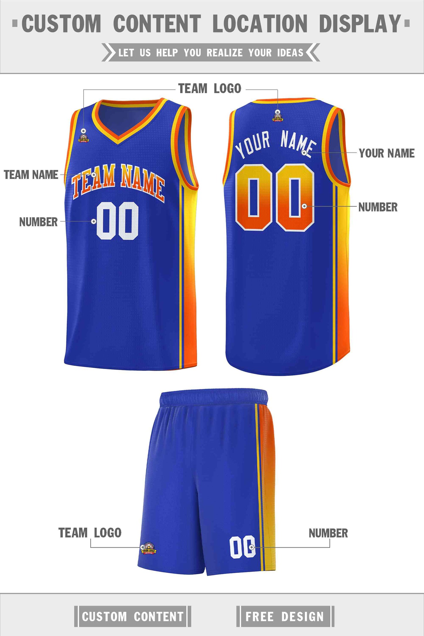 Custom Royal Gold-Orange Gradient Fashion Sports Uniform Basketball Jersey