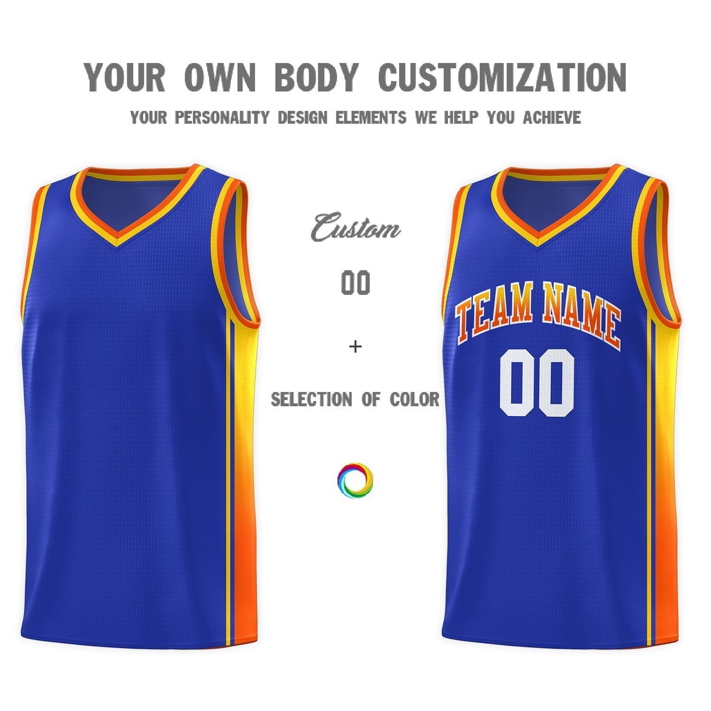 Custom Royal Gold-Orange Gradient Fashion Sports Uniform Basketball Jersey