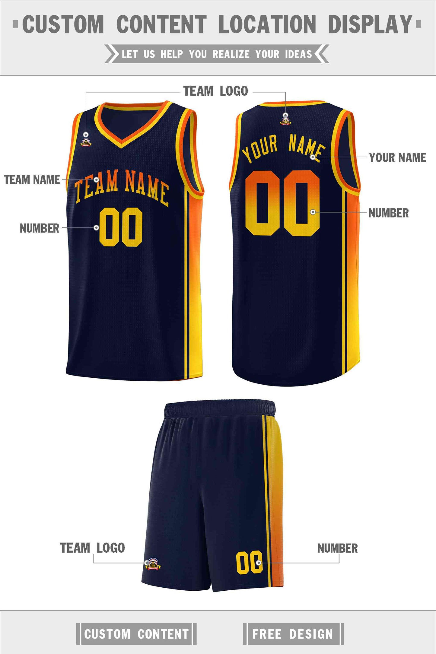 Custom Navy Orange-Gold Gradient Fashion Sports Uniform Basketball Jersey