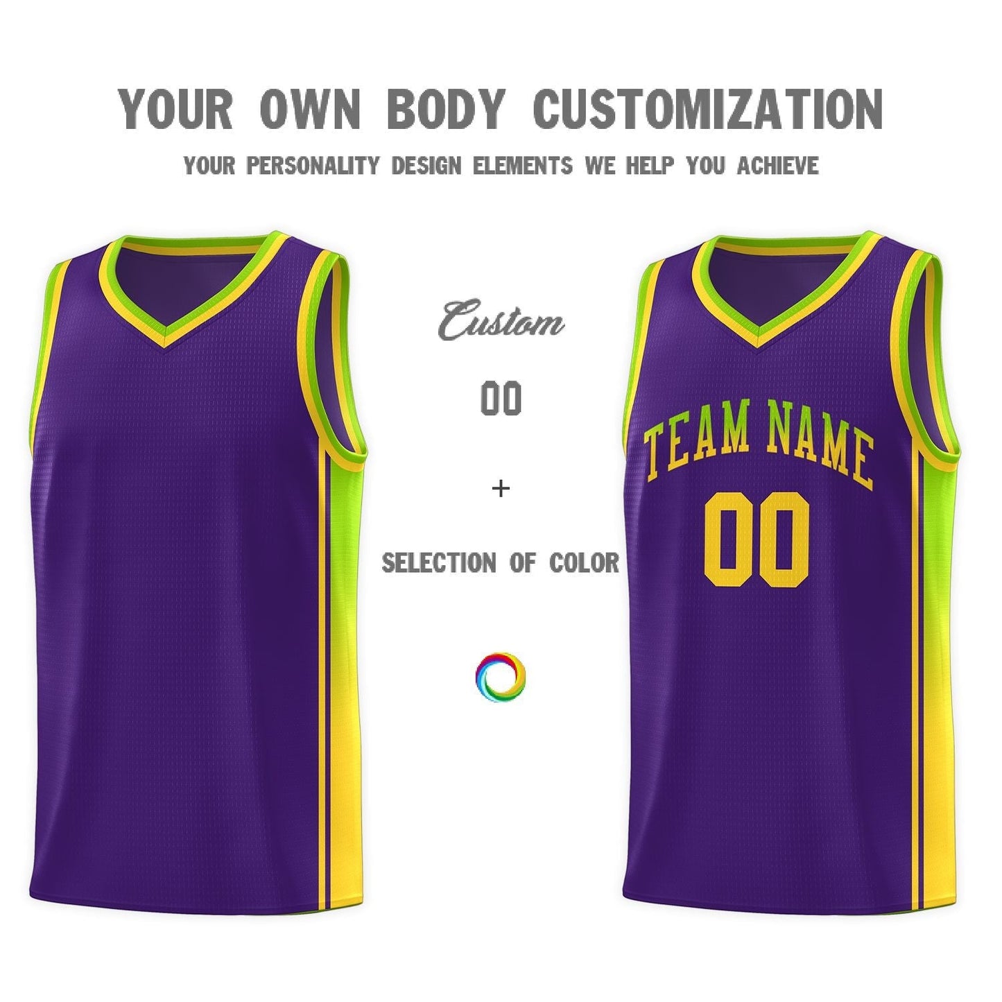 Custom Purple Neon Green-Gold Gradient Fashion Sports Uniform Basketball Jersey