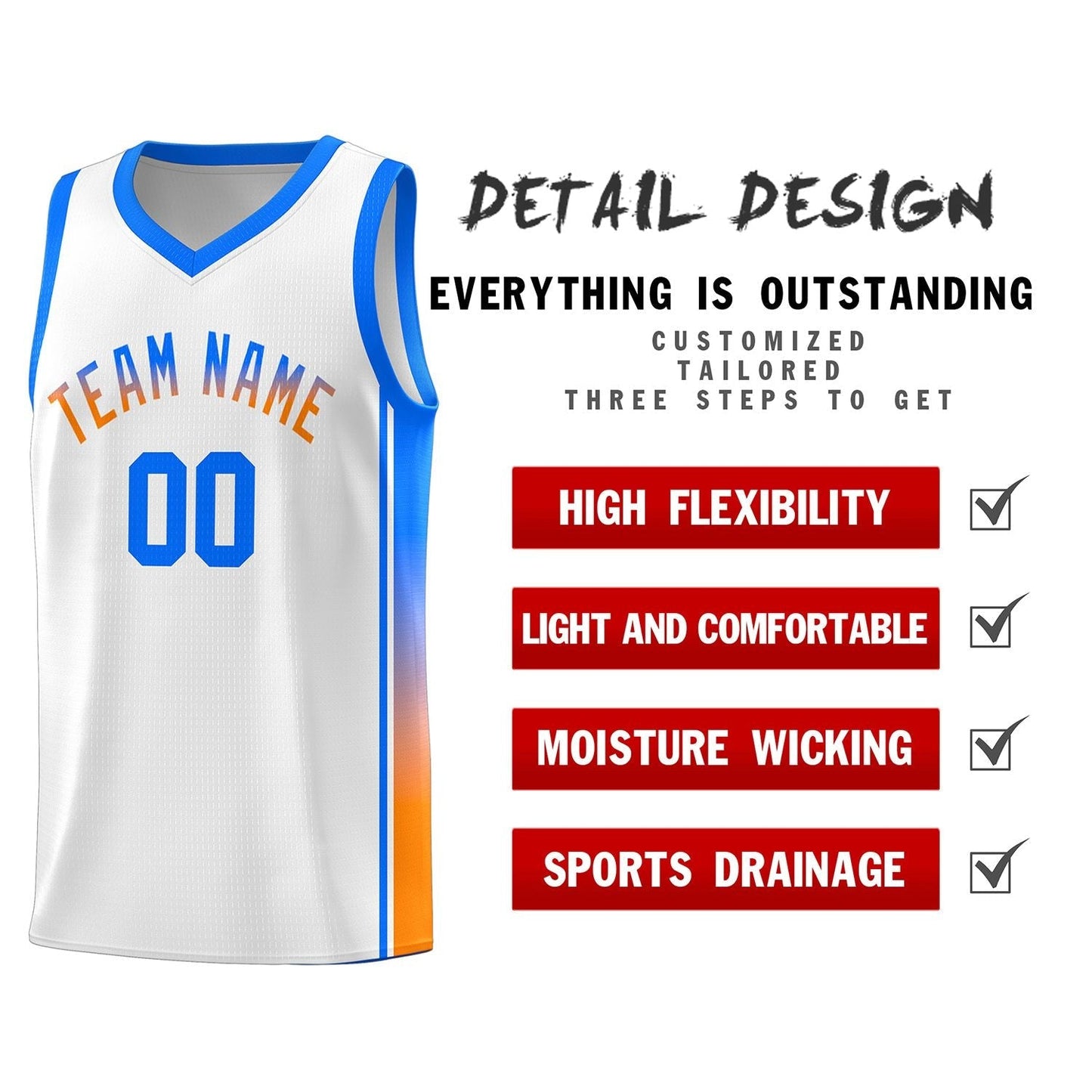 Custom White Light Blue-Orange Gradient Fashion Sports Uniform Basketball Jersey