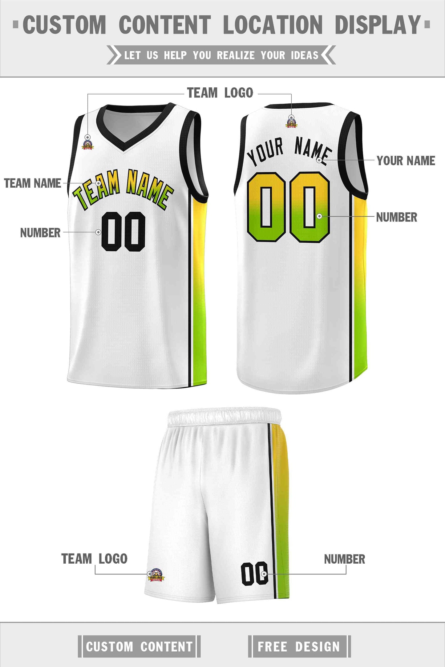 Custom White Gold-Neon Green Gradient Fashion Sports Uniform Basketball Jersey