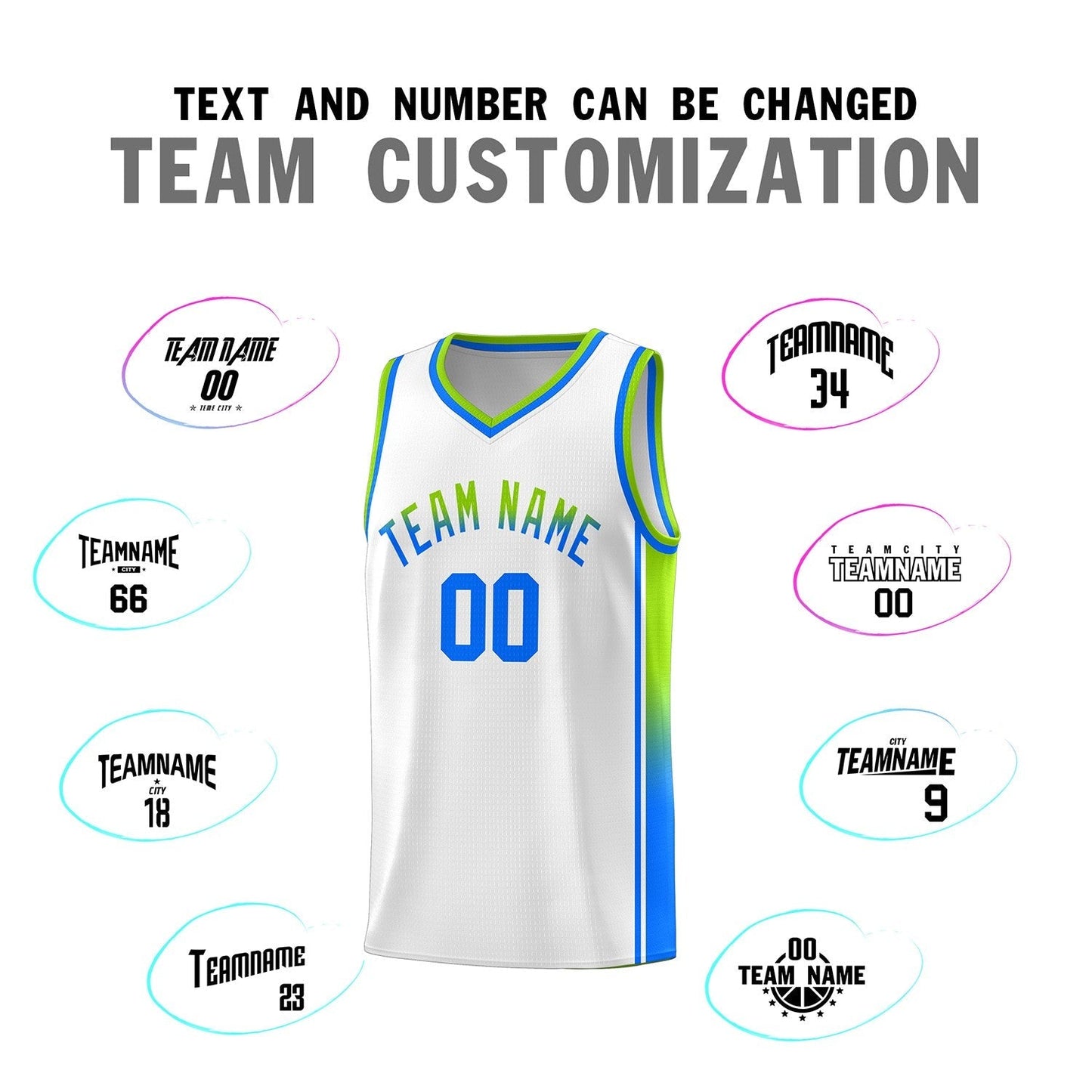 Custom White Neon Green-Light Blue Gradient Fashion Sports Uniform Basketball Jersey