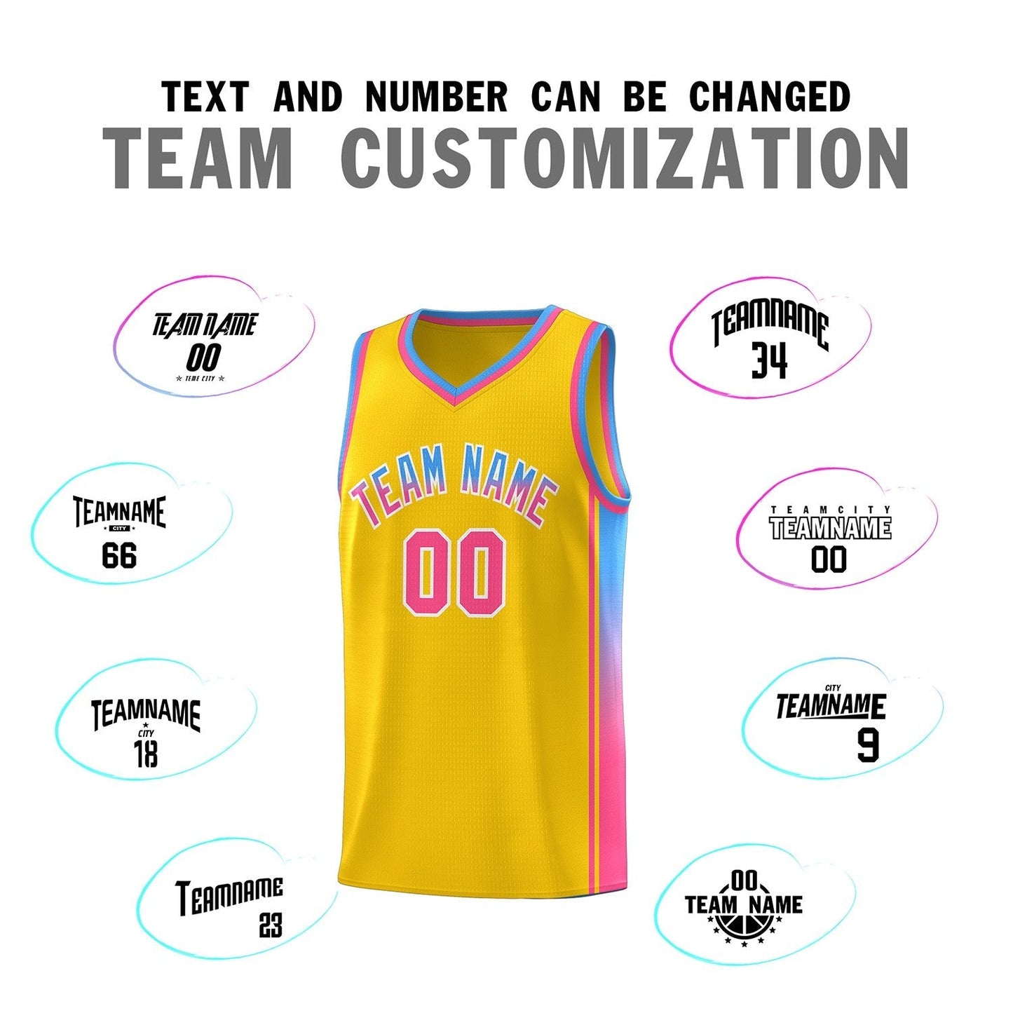 Custom Gold Light Blue-Pink Gradient Fashion Sports Uniform Basketball Jersey