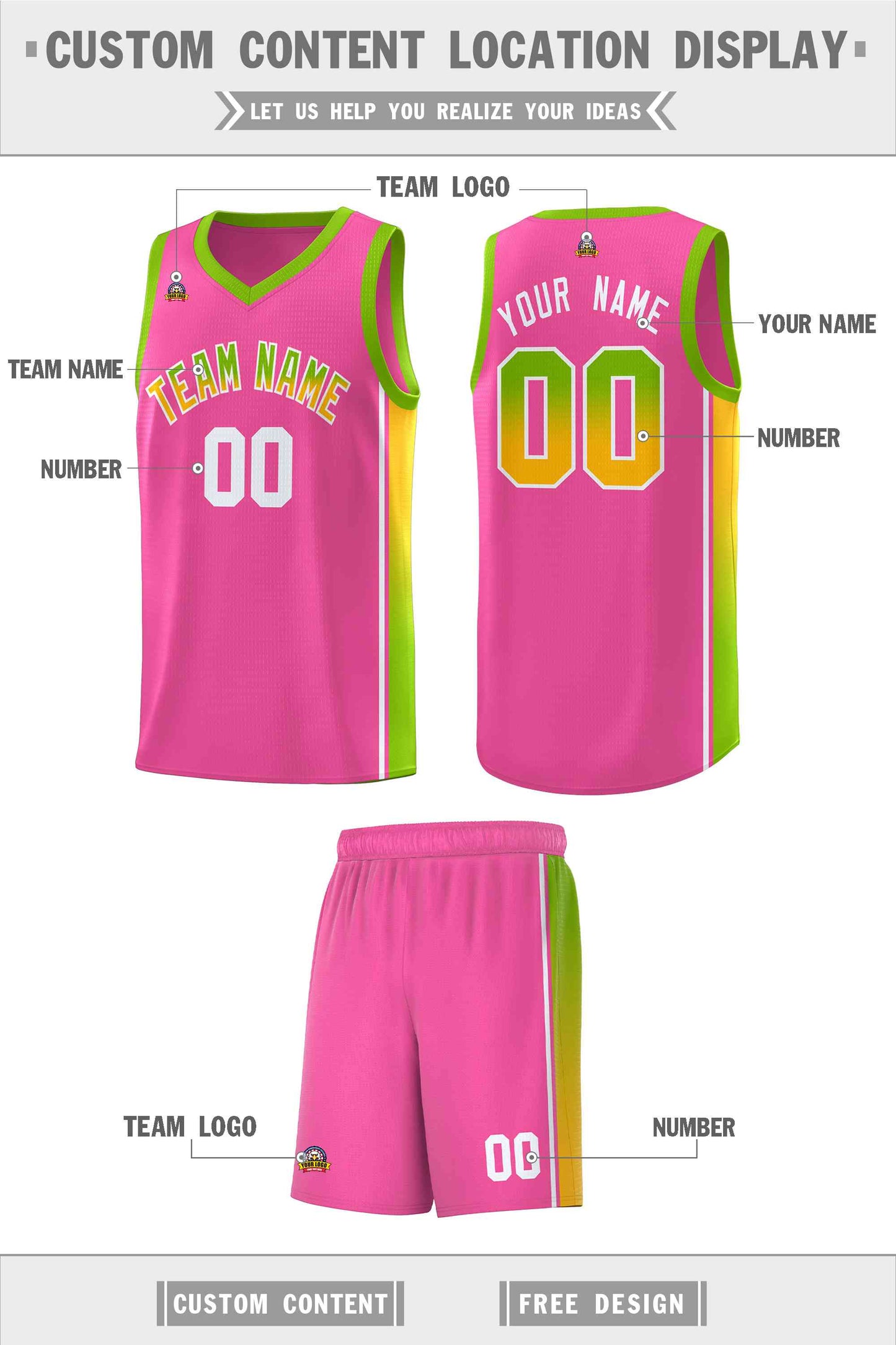 Custom Pink Neon Green-Gold Gradient Fashion Sports Uniform Basketball Jersey