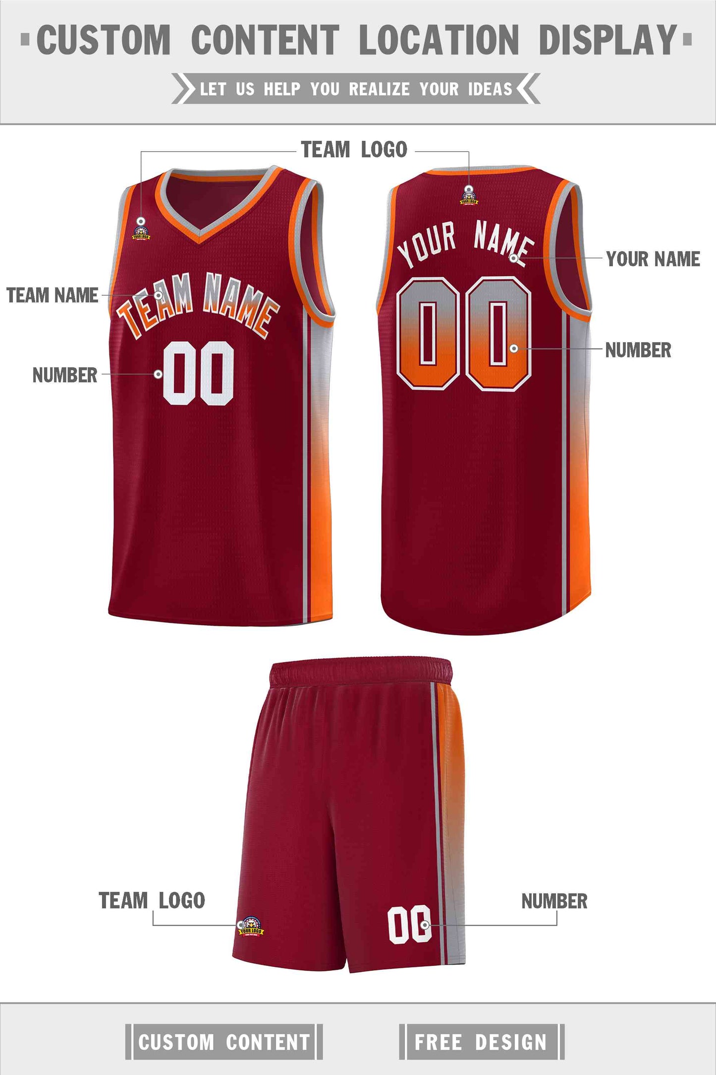 Custom Crimson Gray-Orange Gradient Fashion Sports Uniform Basketball Jersey