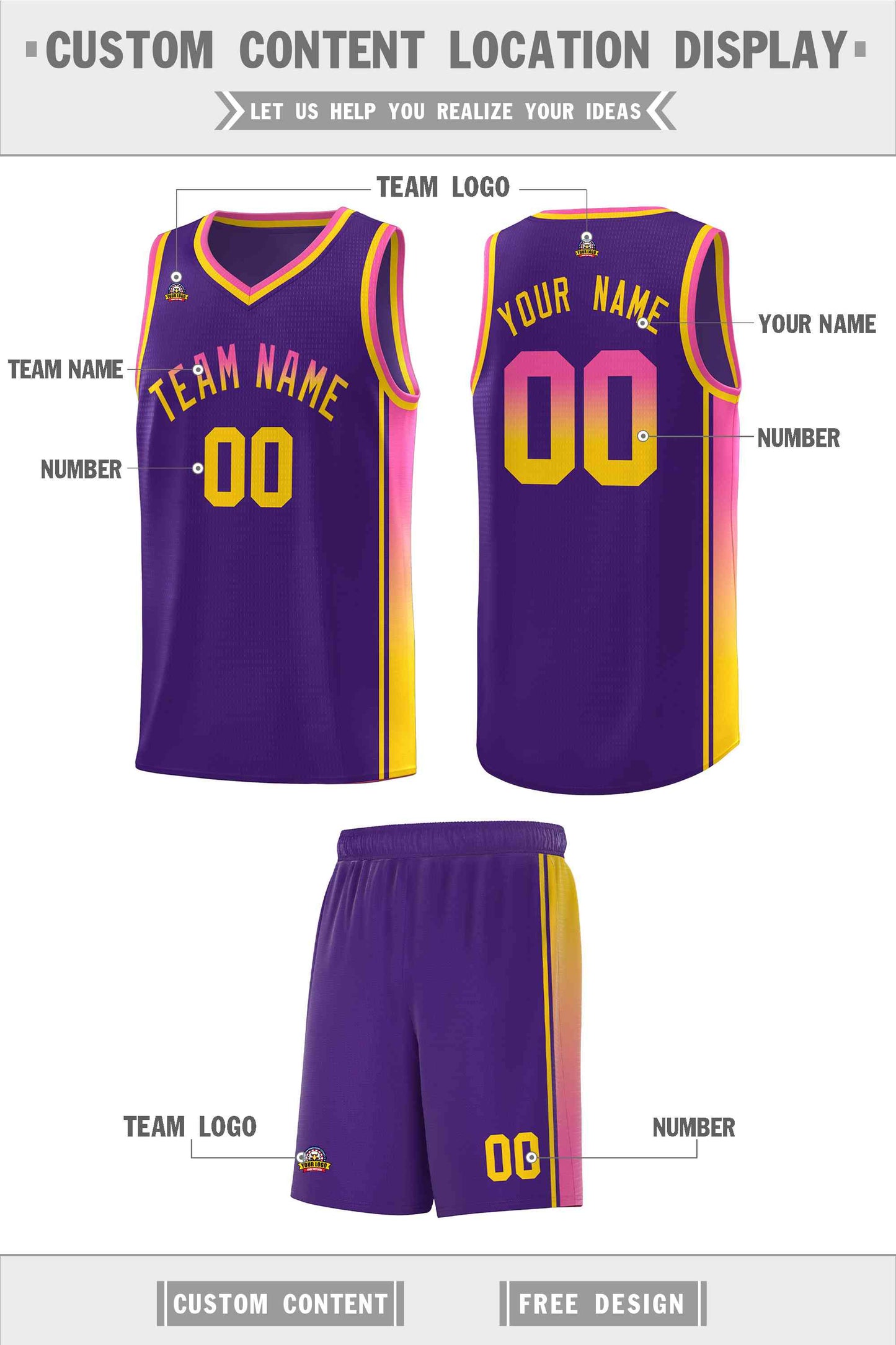 Custom Purple Pink-Gold Gradient Fashion Sports Uniform Basketball Jersey