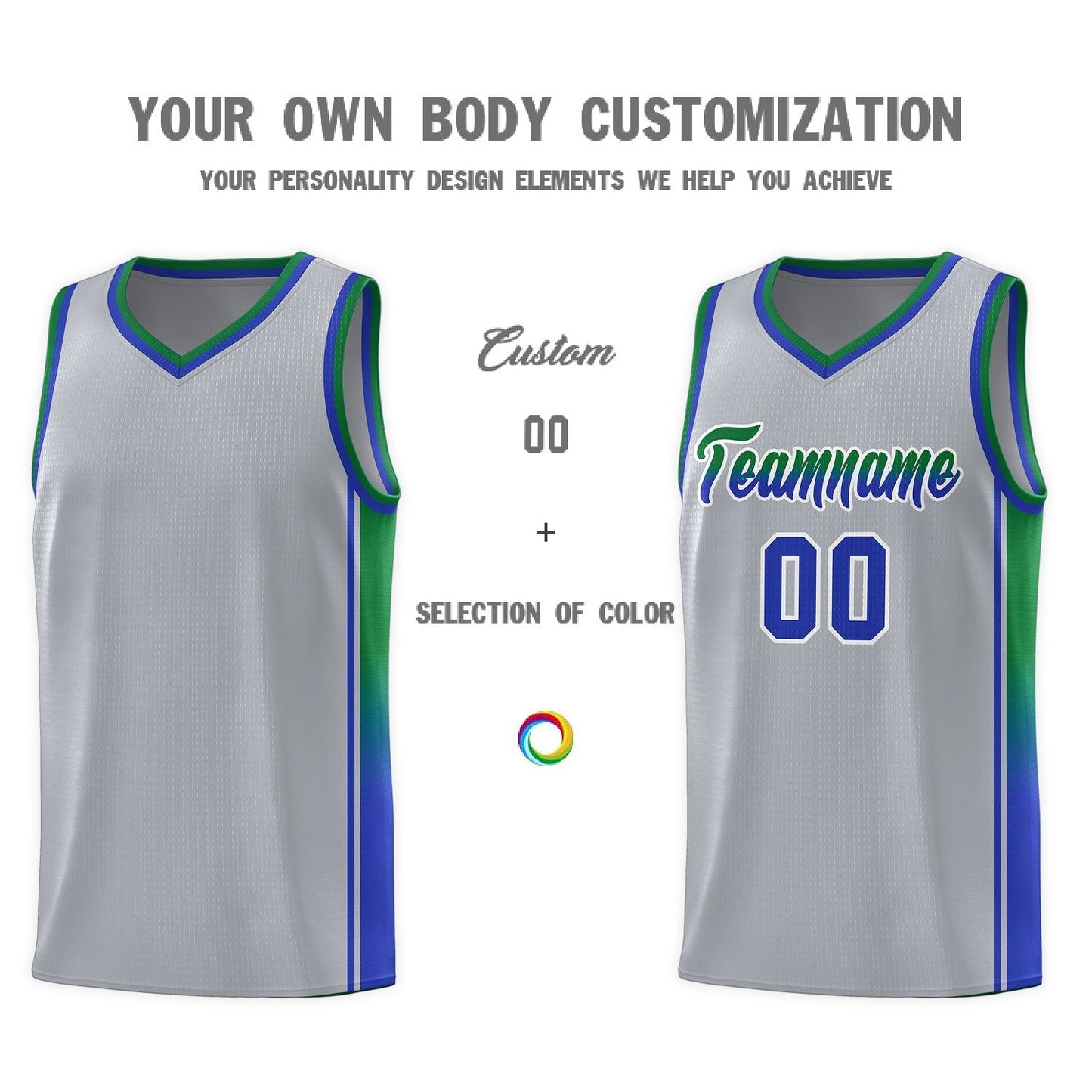 Custom Gray Kelly Green-Royal Gradient Fashion Sports Uniform Basketball Jersey