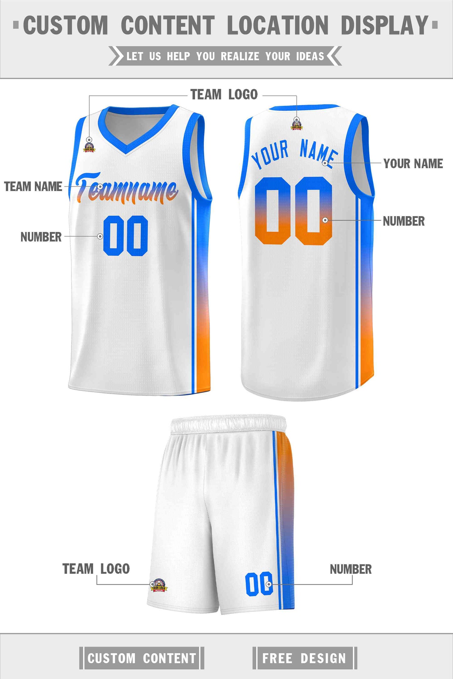 Custom White Light Blue-Orange Gradient Fashion Sports Uniform Basketball Jersey